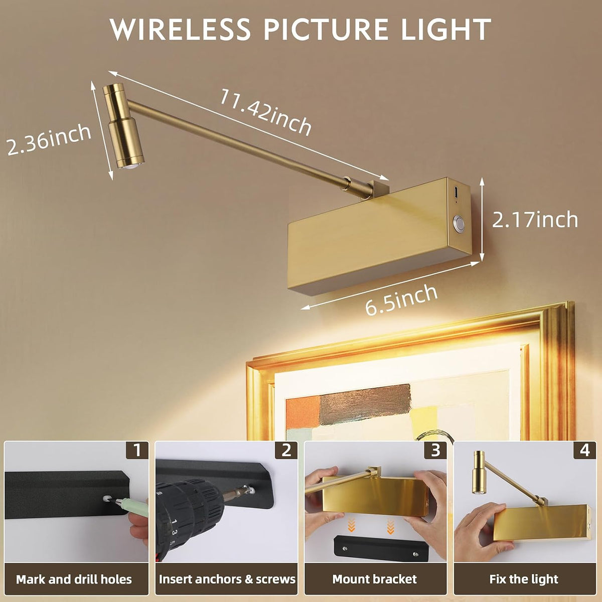 Wireless Picture Light for Wall with Adjustable LED Beam, 8000mAh Rechargeable Art Light for Paintings, Dimmable and