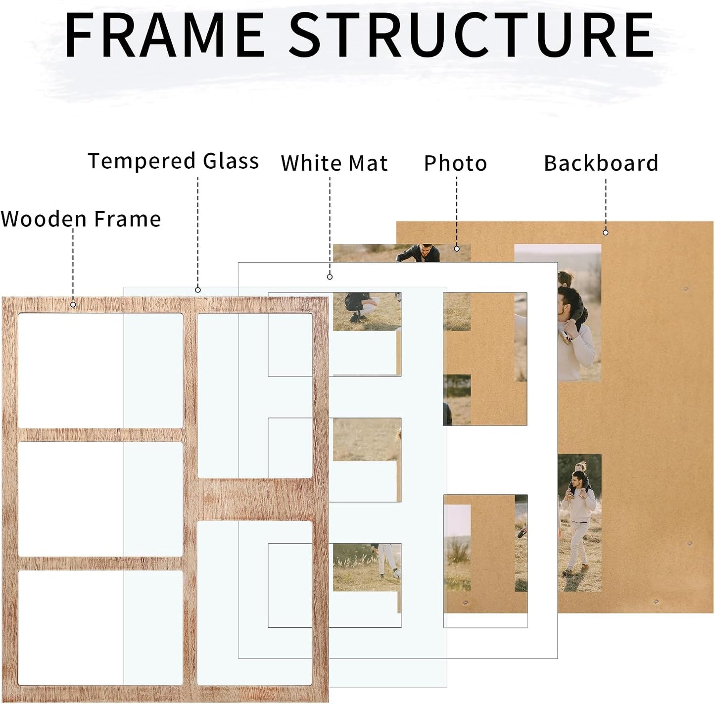 YESKAY 4x6 or 5x7 Picture Frames, Rustic Brown Wooden Frame with Real Glass, Displays Pictures Five 4x6 with Mat or