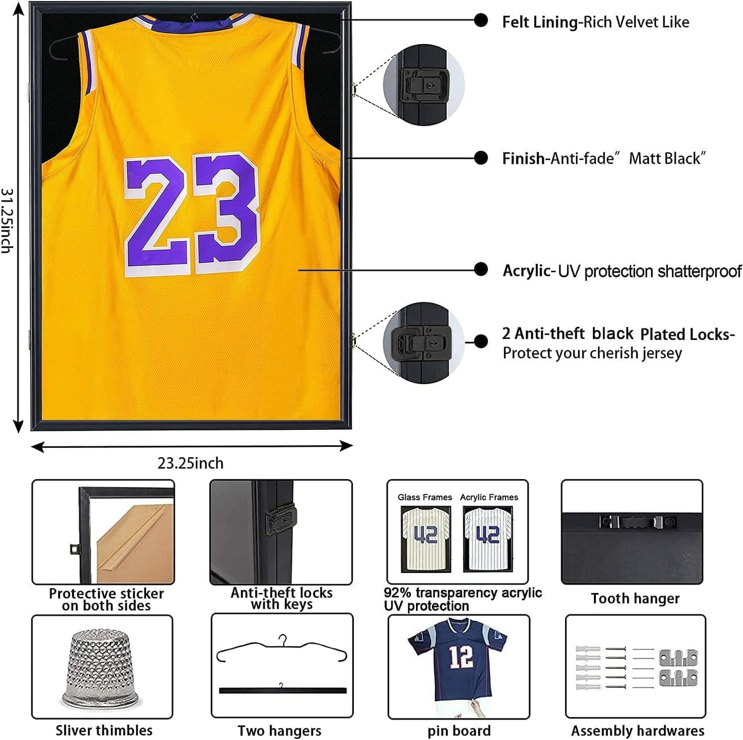 Sports Jersey Frame Display case for 2XL Football Jersey Display | Matte black wood frame, UV shatterproof acrylic
