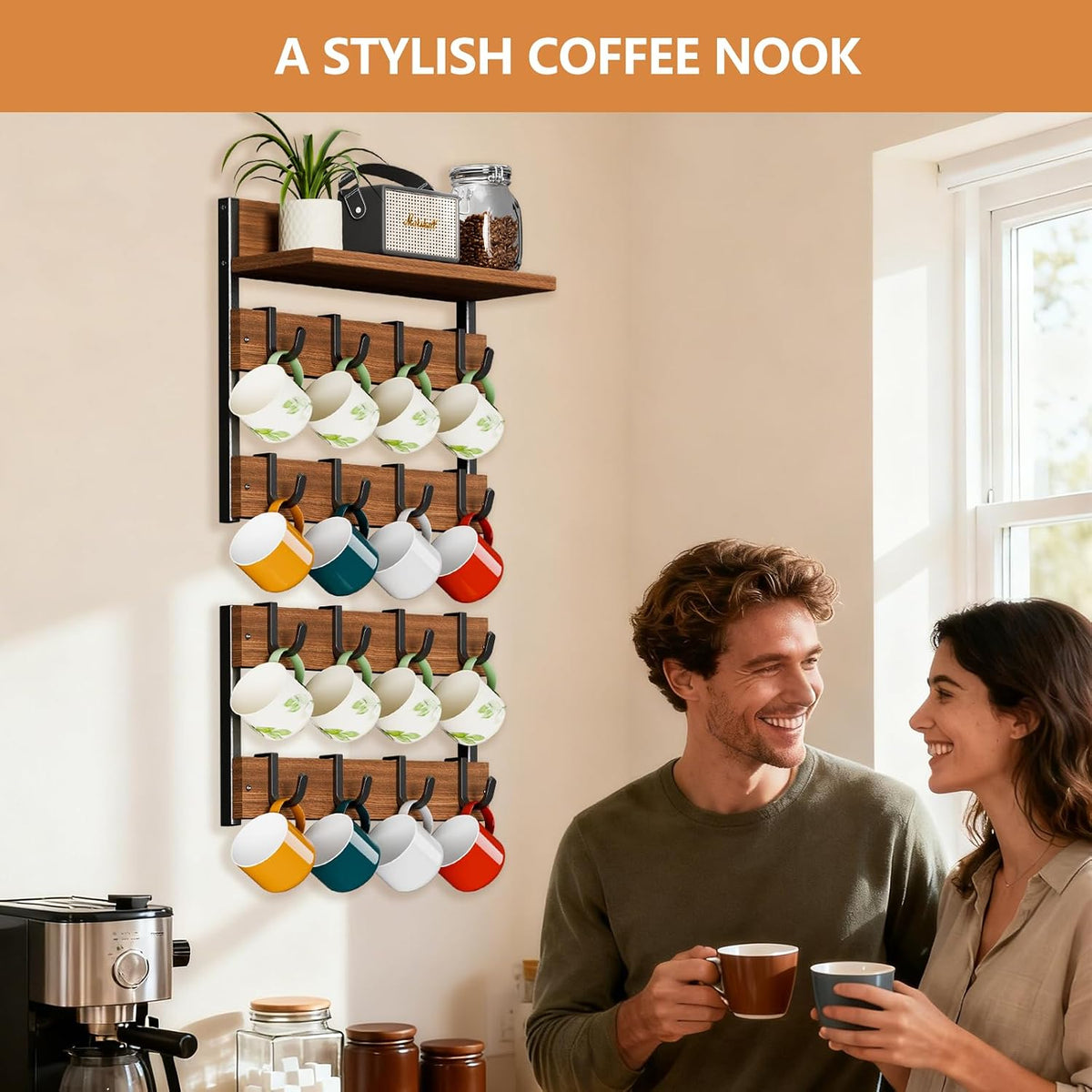 2-in-1 Coffee Cup Holder Wall Mounted with 16 Adjustable Hooks | 4-Tier Coffee Mug Holder Wall Mount with Display