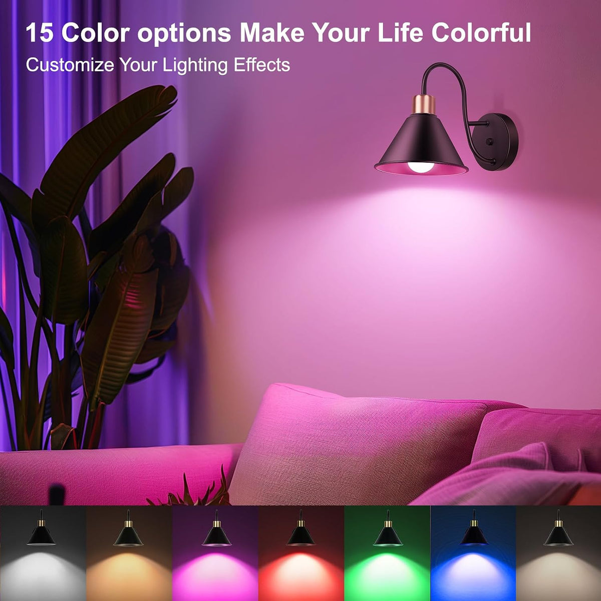 Frideko Rechargeable Battery Operated Wall Sconces Set of Two with Remote, RGB 15 Colors Dimmable Black Wall Light