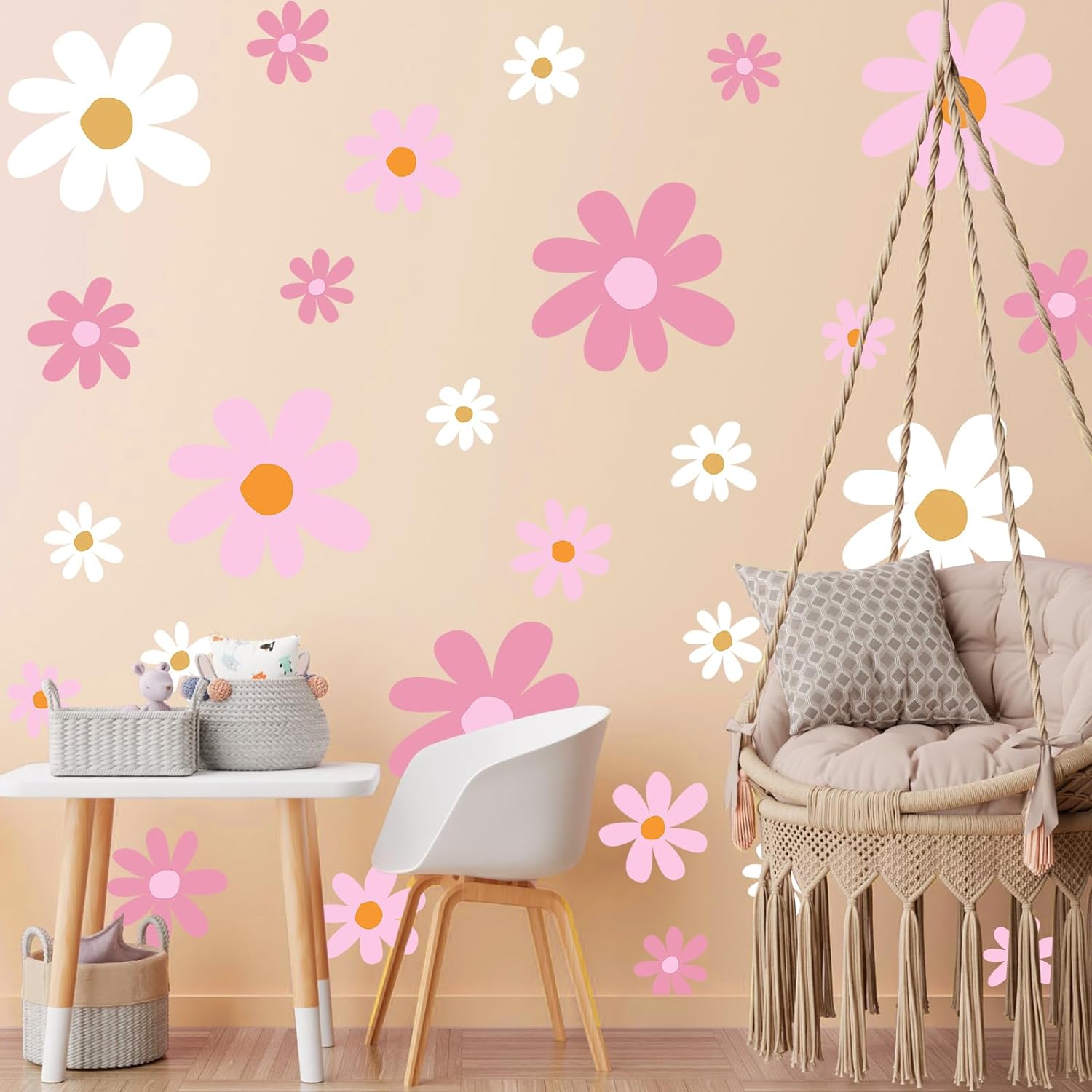 12 Sheet Daisy Wall Sticker Decal Removable Daisy Bedroom Room Decor / Vibrant Style / Pink Color