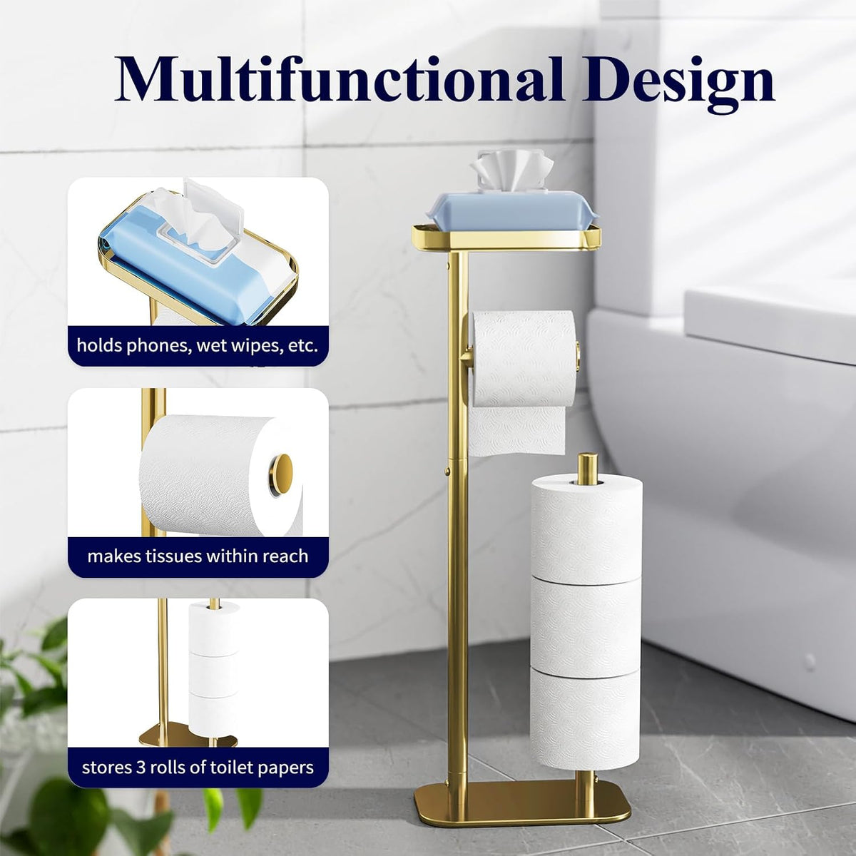 Kitsure Metal Toilet Paper Holder Free Standing, Medium, Chrome Gold | Rustproof Toilet Paper Stand for 4 Rolls