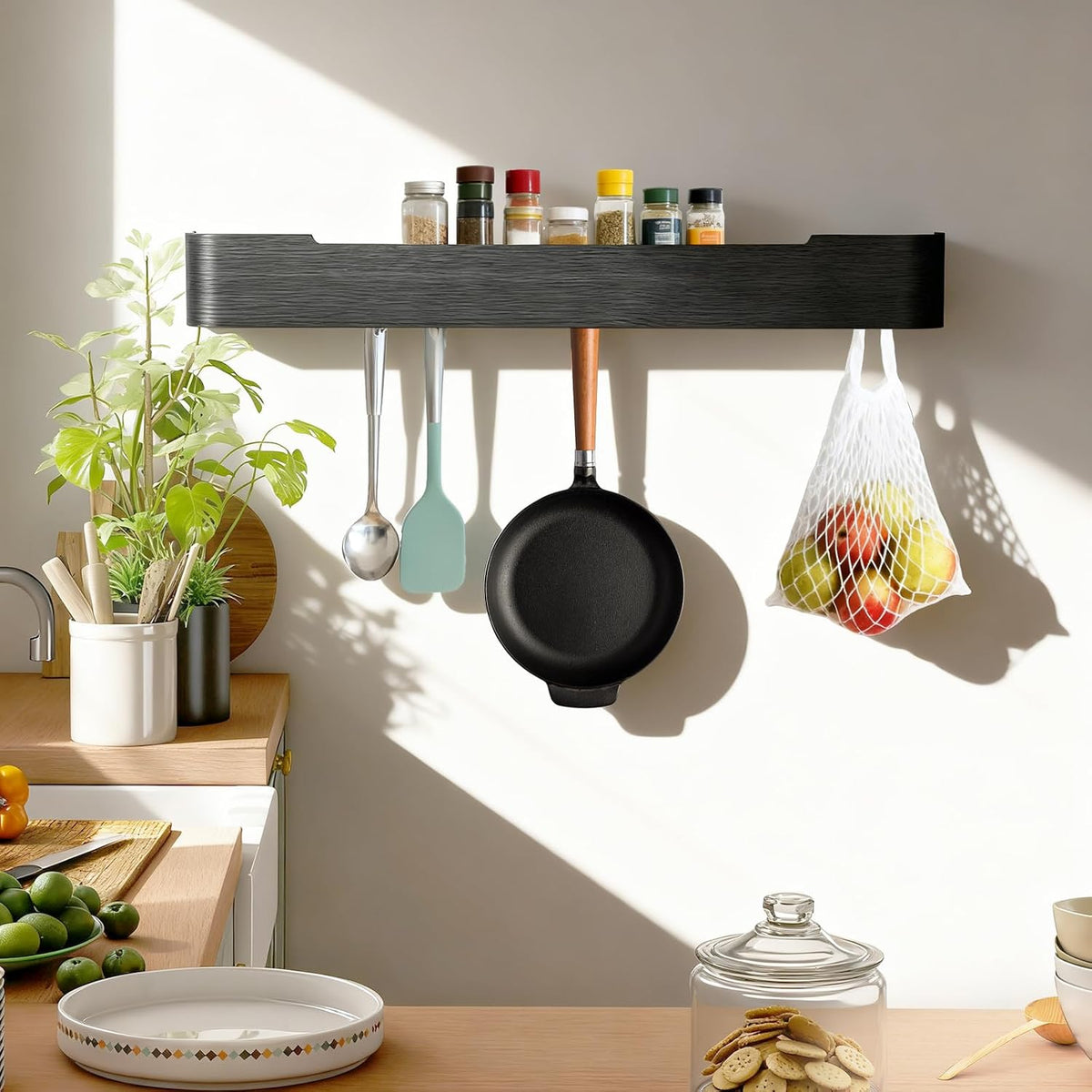 Coat Rack Wall Mount with Shelf Entryway Shelf Modern Key Holder Hanger Wall Shelves with Hidden Hooks for Hanging