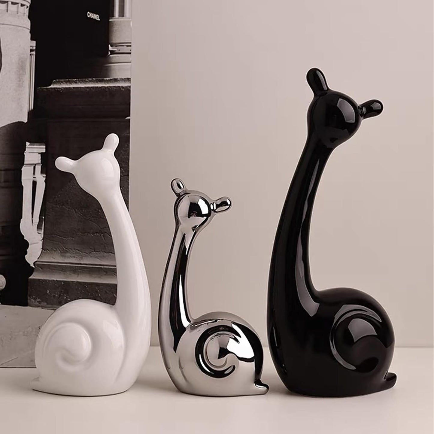 Modern Ceramic Statue Snail Home Decorations / Black, White and Bright Silver / 12 x 7 x 25