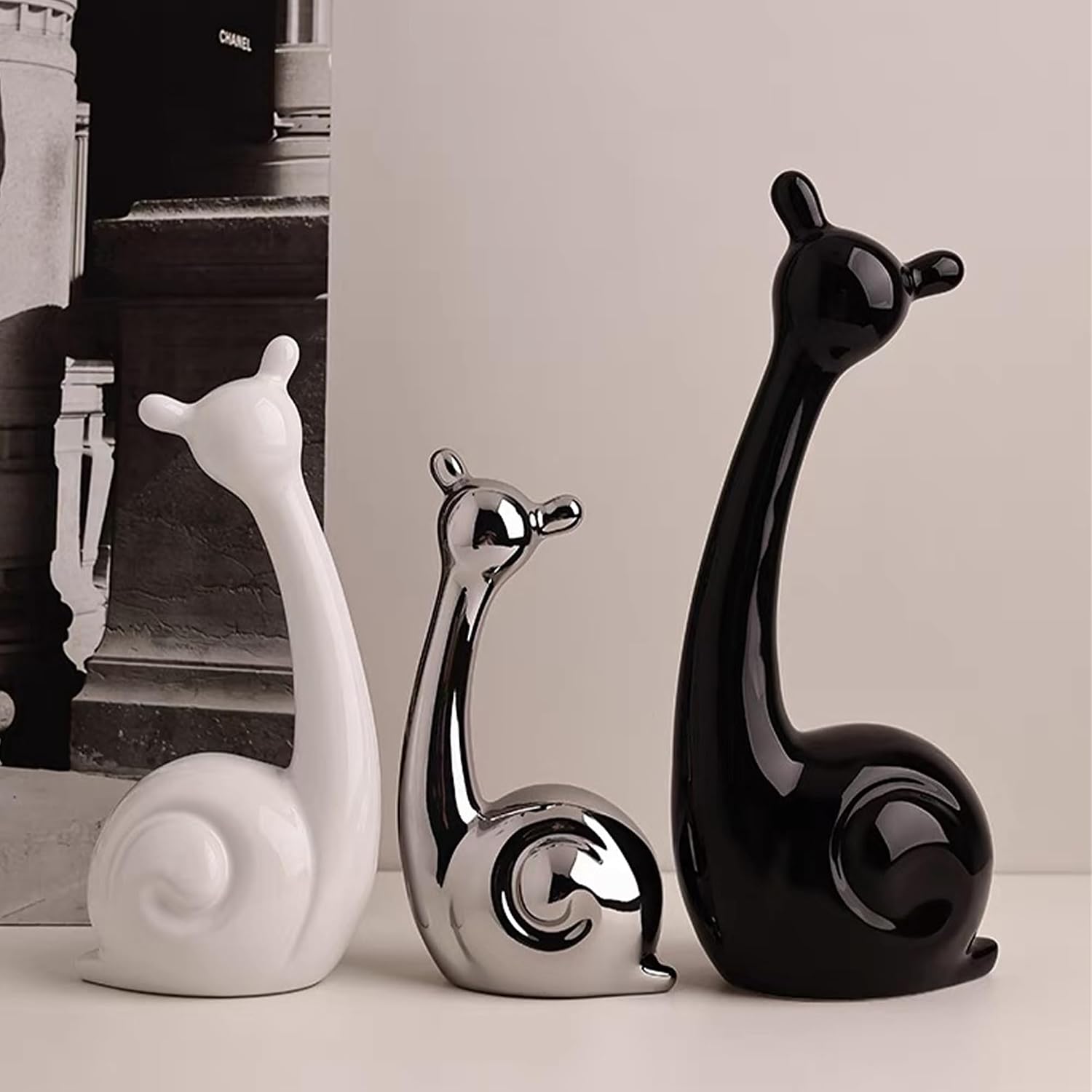 Modern Ceramic Statue Snail Home Decorations / Black, White and Bright Silver / 12 x 7 x 25