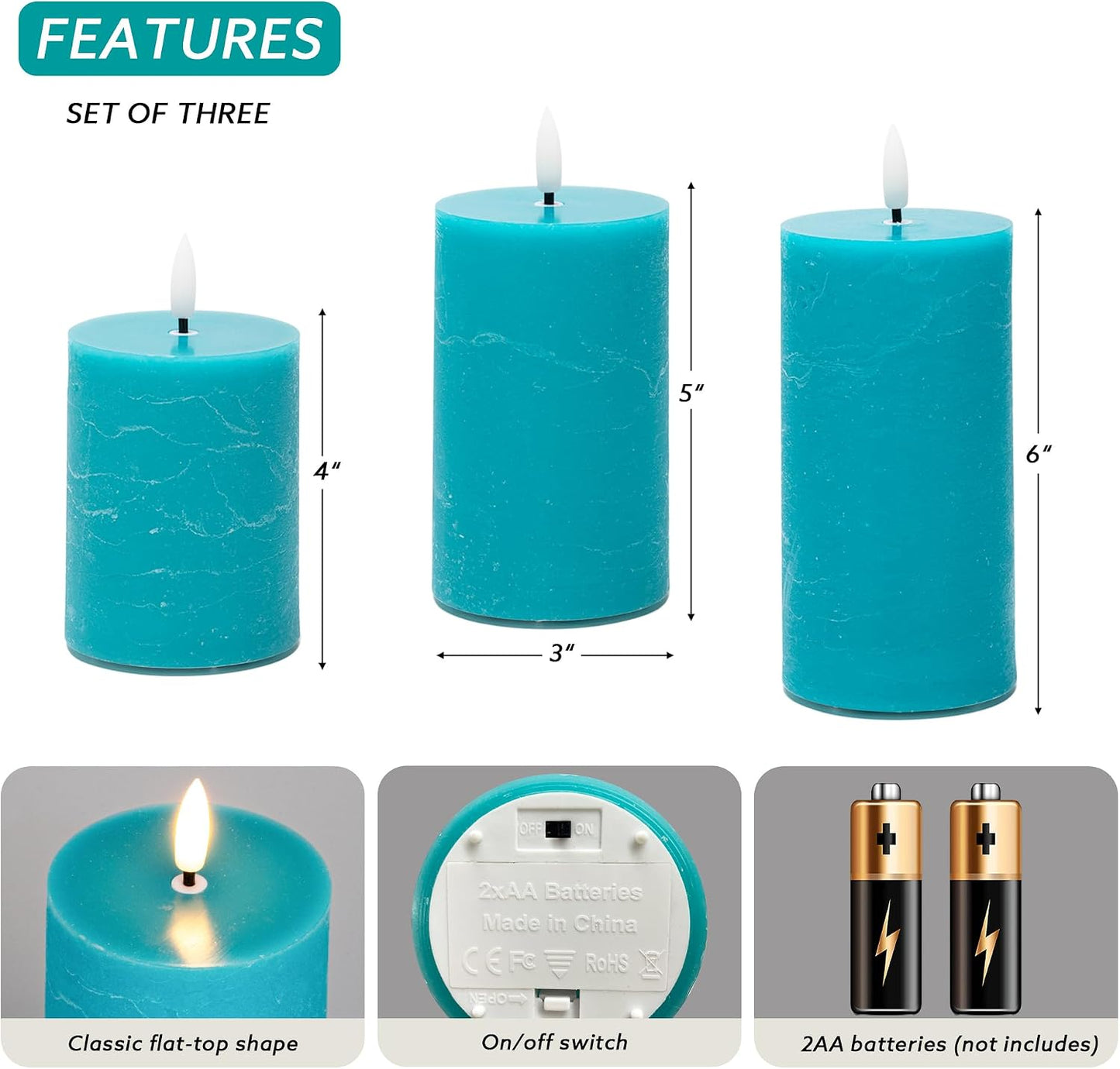 Teal Flameless Candles, Wax Battery Operated Candles with Remote | Flat Top Flickering LED Pillar Candles for Home