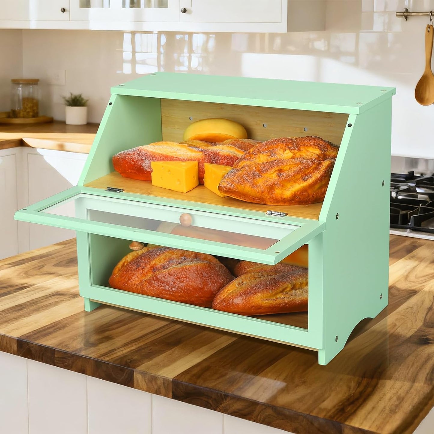HOMEKOKO Double Layer Bread Boxes for Kitchen Countertop, Mint Green | Keeps Bread Fresh 3-4 Days, Large Capacity Fits