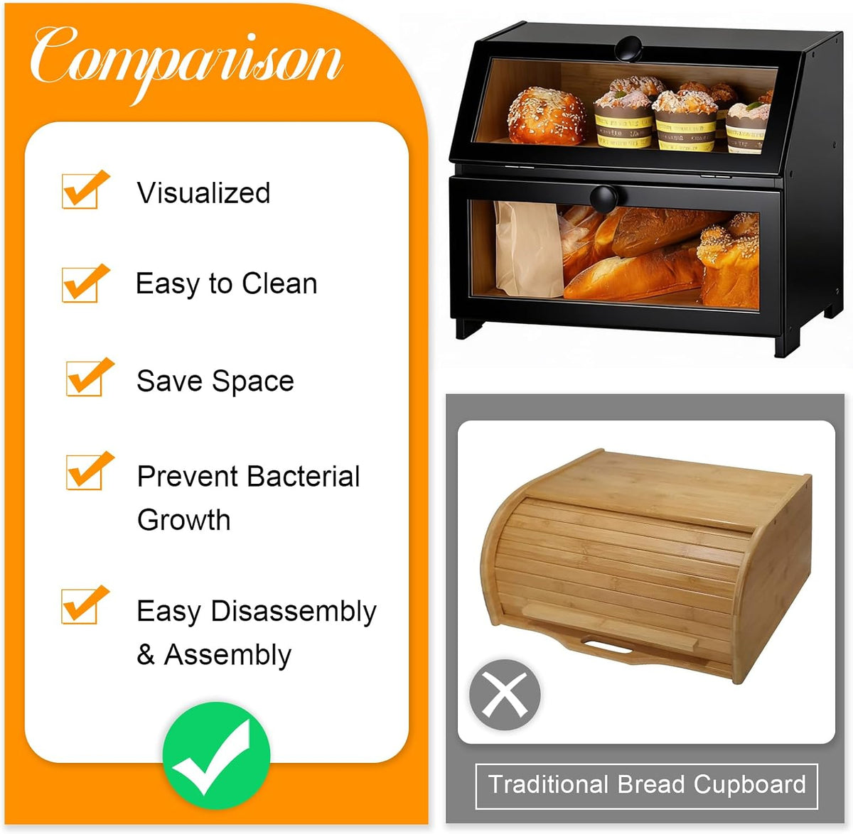 Bamboo Bread Box for Kitchen Countertop, Large Bread Storage Container Bin 2 Layer Breadbox Holder for Kitchen Counter