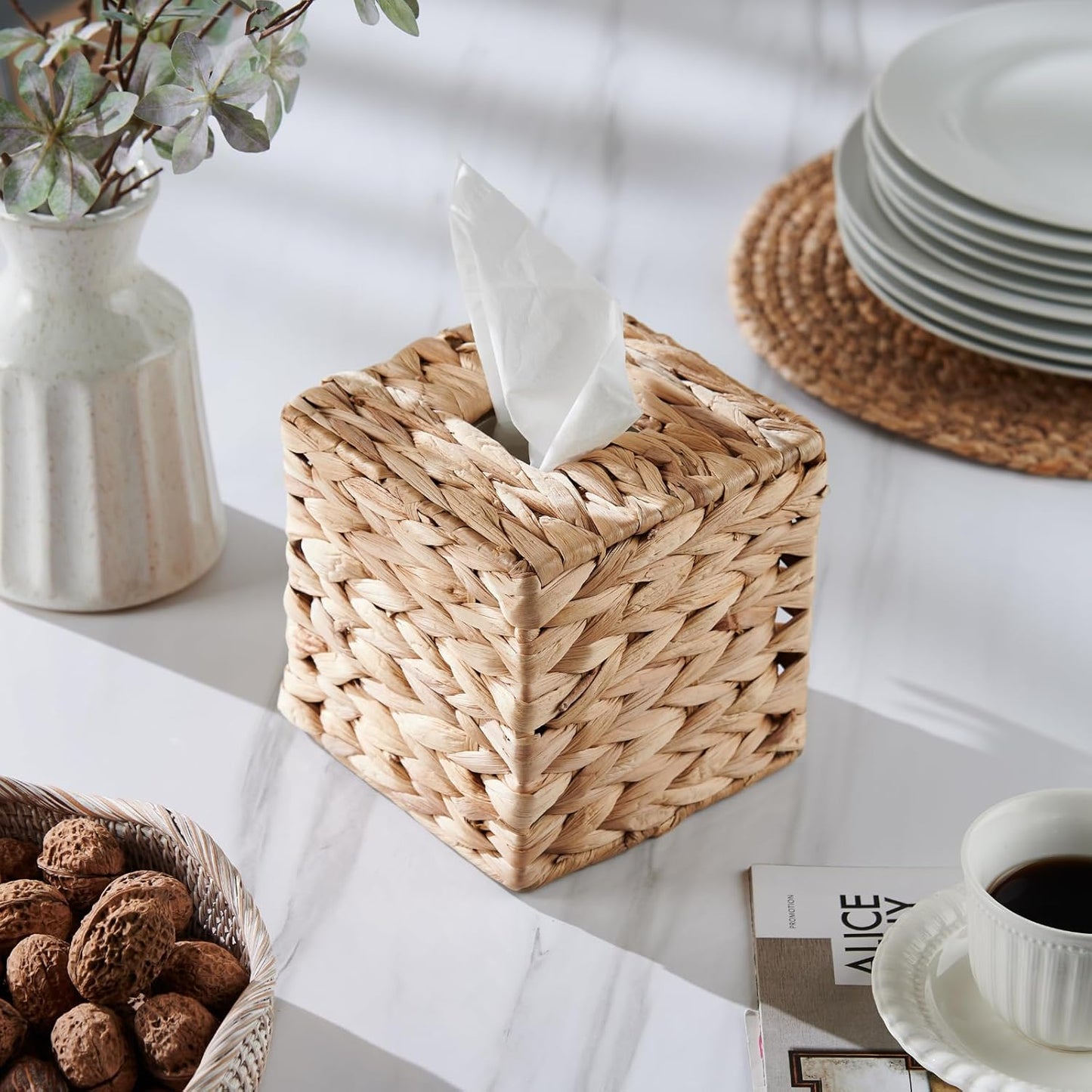 Rattan Tissue Box Holder -Boho Decorative Woven Facial Tissue Holder on Table and Bathroom / Natural