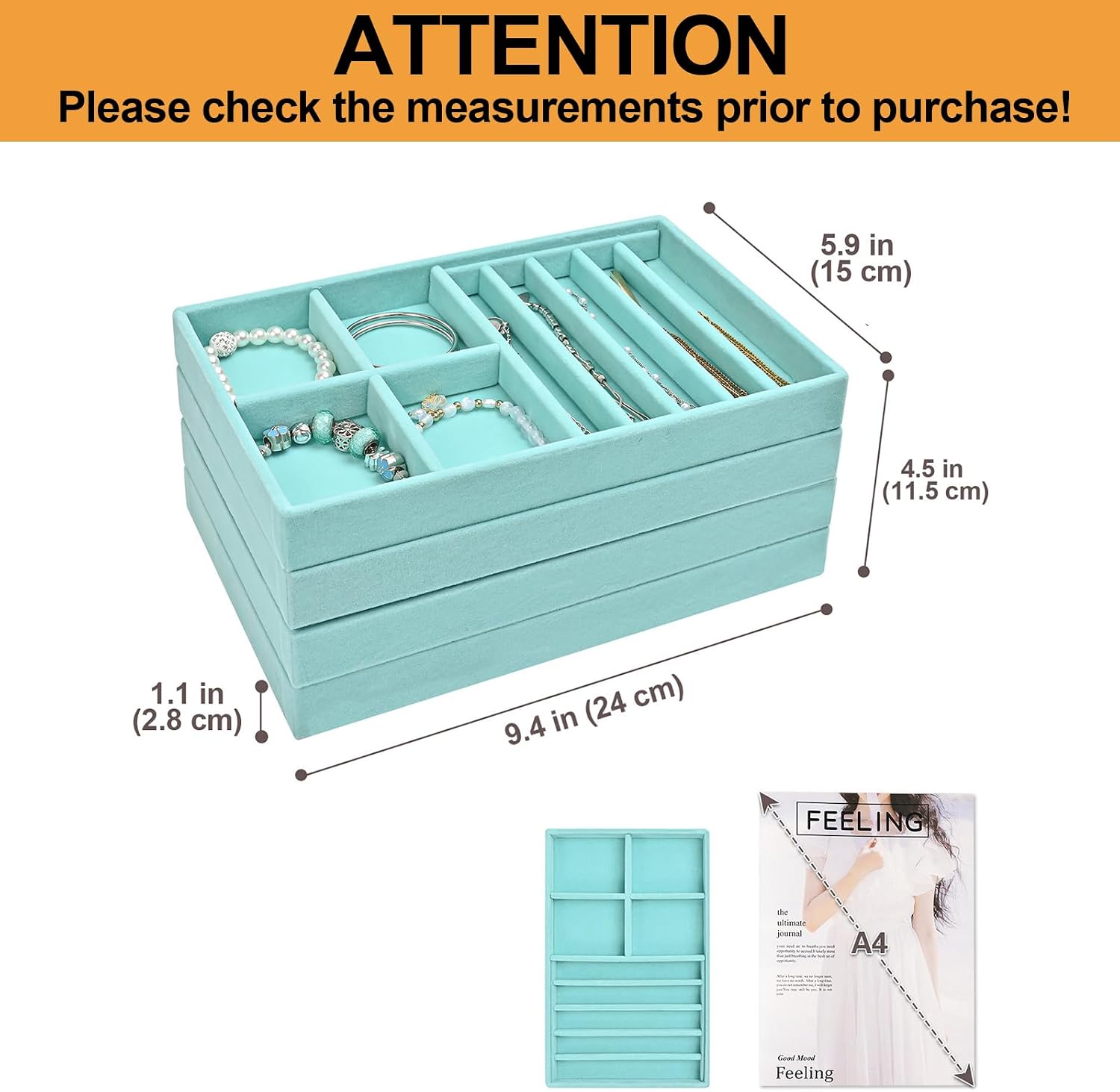 Stackable Jewelry Organizer Trays for Drawers / 4 Layers / Blue