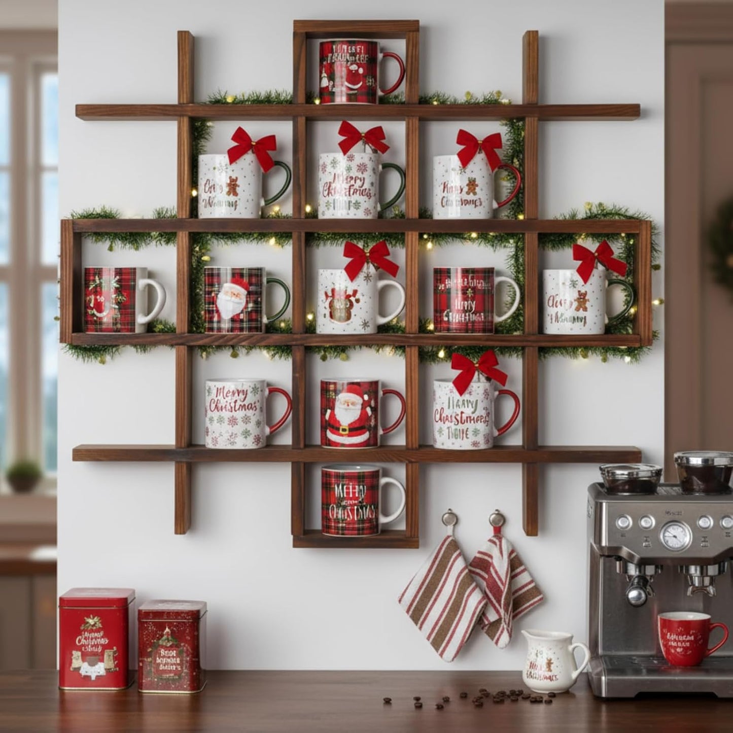 Suzile Mug Display Shelf Wall Mounted,Grid Size 5.1x5.1x3in,Rustic Brown | Rustic Wood Floating Shadow Box for Coffee