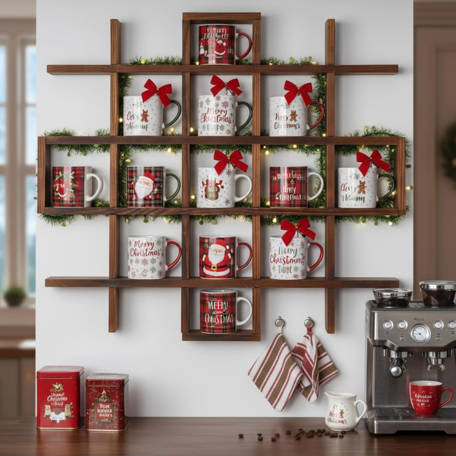 Suzile Mug Display Shelf Wall Mounted,Grid Size 5.1x5.1x3in,Rustic Brown | Rustic Wood Floating Shadow Box for Coffee