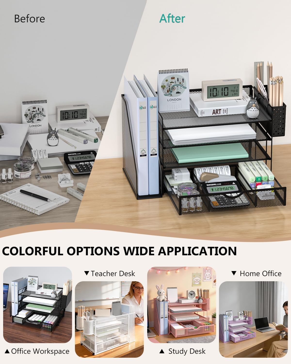 WALI Desk File Organizer, 4 Tier Desktop Paper Letter Tray Organizer with Drawer and 2 Pen Holders, Office Desk