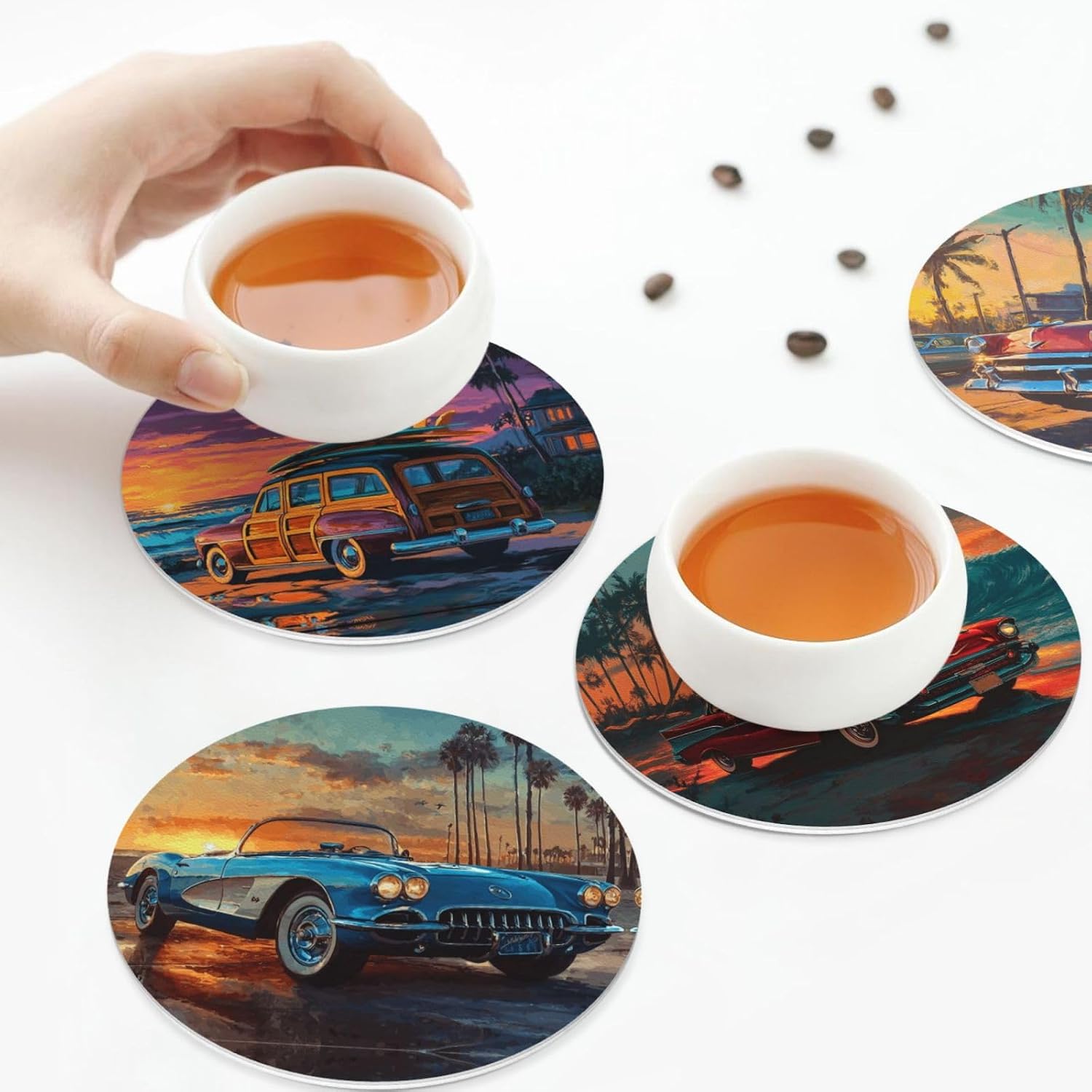 Holder Round Leather Coasters Cups Mugs Mat Pad / Car Print / Set of 6