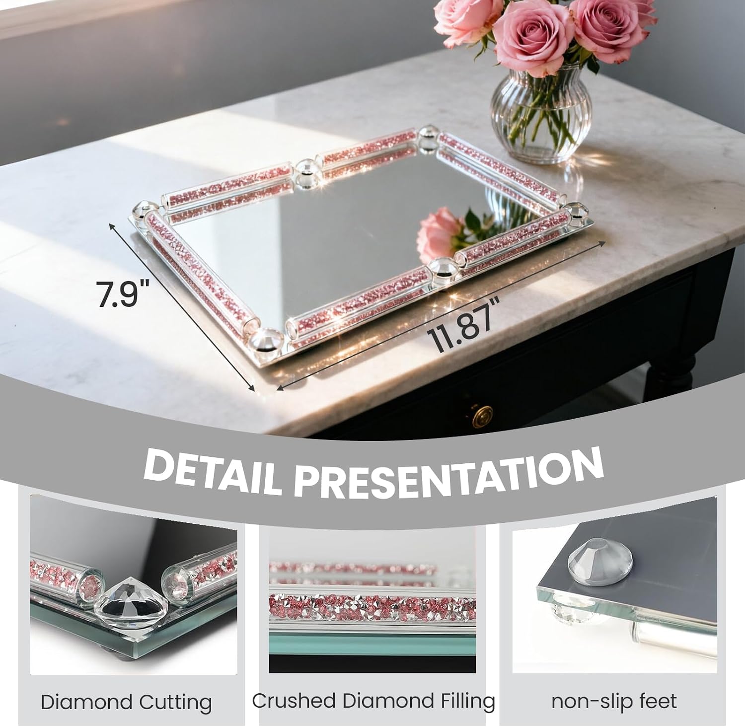 Mirror Glass Vanity Tray for Dresser / Rose / 11.8 x 7.9