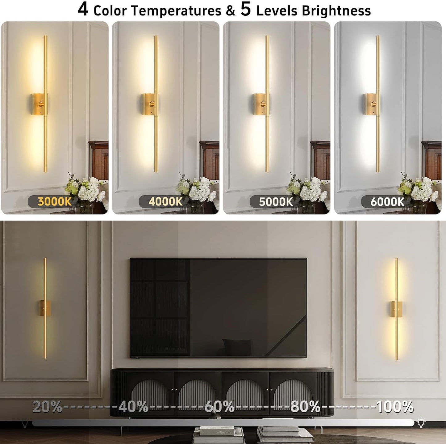 Battery Operated Wall Sconces Set of 2, 10000mAh, Gold | remote control and 360° rotation, for picture display TV wall