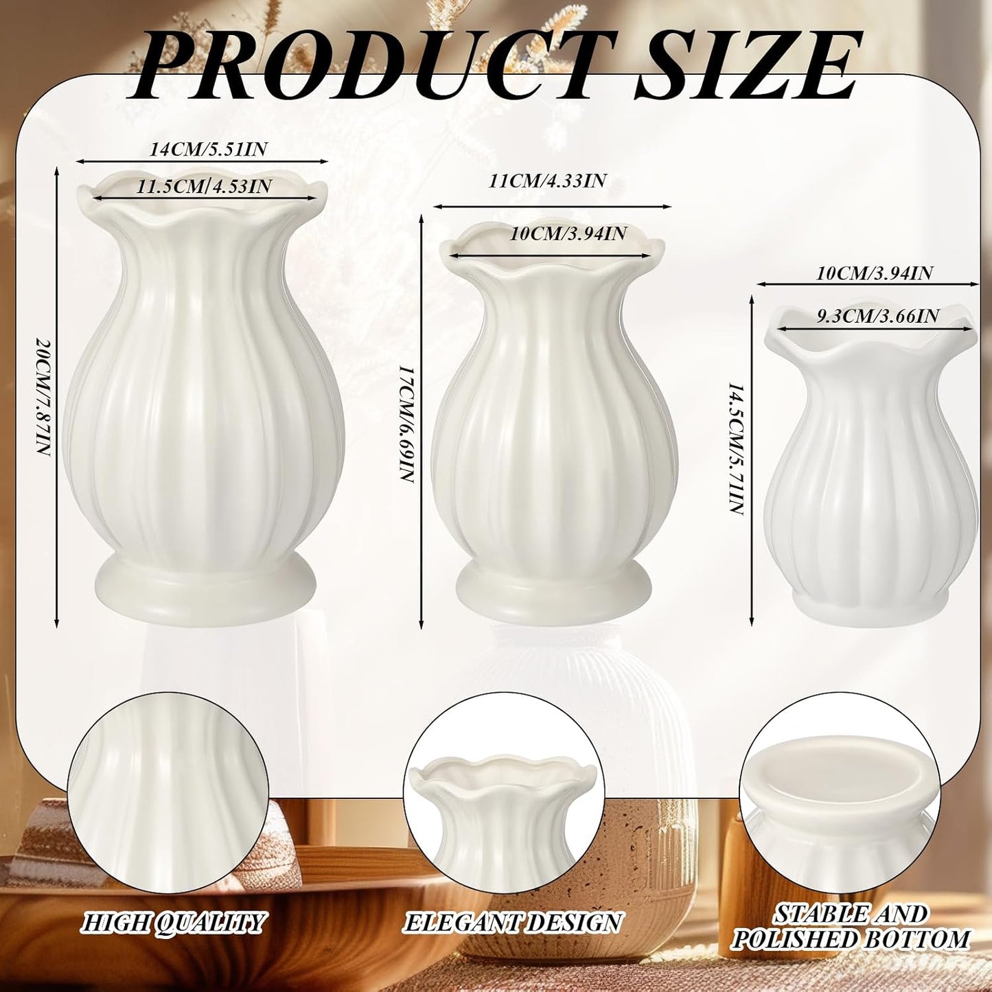 Ceramic Vase Set Small Rustic Decorative Vases Home / 5.7, 6.7, 7.9in / Elegant / White / Set of 3