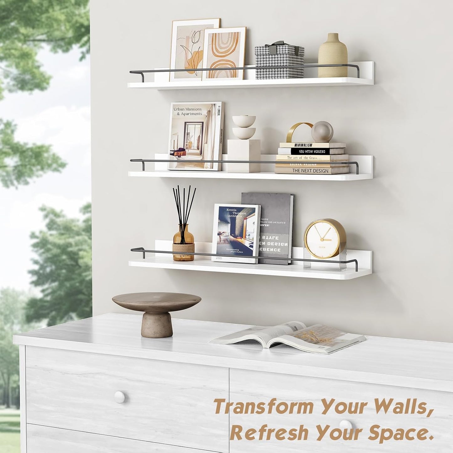 Forbena Floating Shelves for Wall 24 Inches Long, Modern White Wall Shelving Unit for Bedroom, Wood Hanging Shelf for