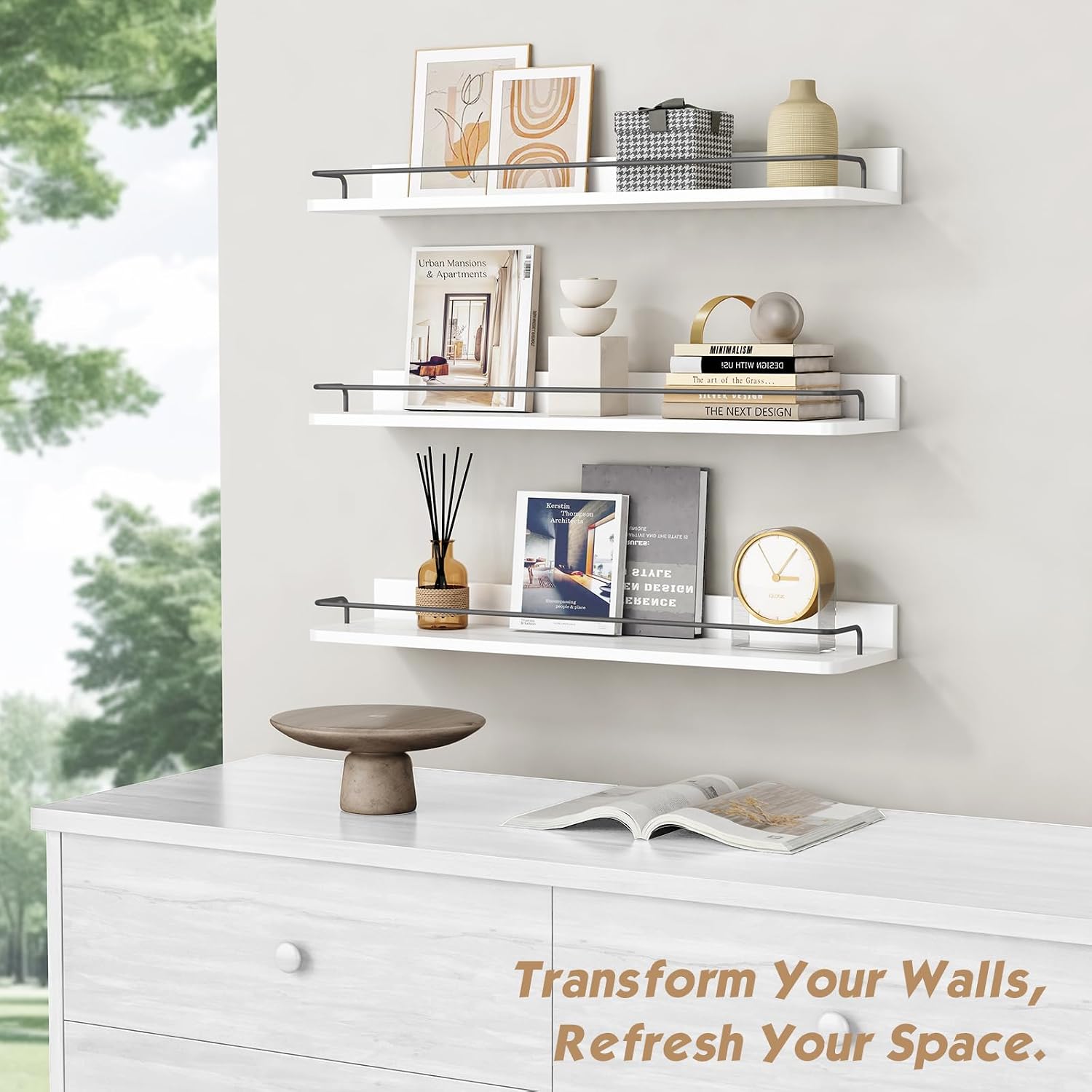 Forbena Floating Shelves for Wall 24 Inches Long, Modern White Wall Shelving Unit for Bedroom, Wood Hanging Shelf for