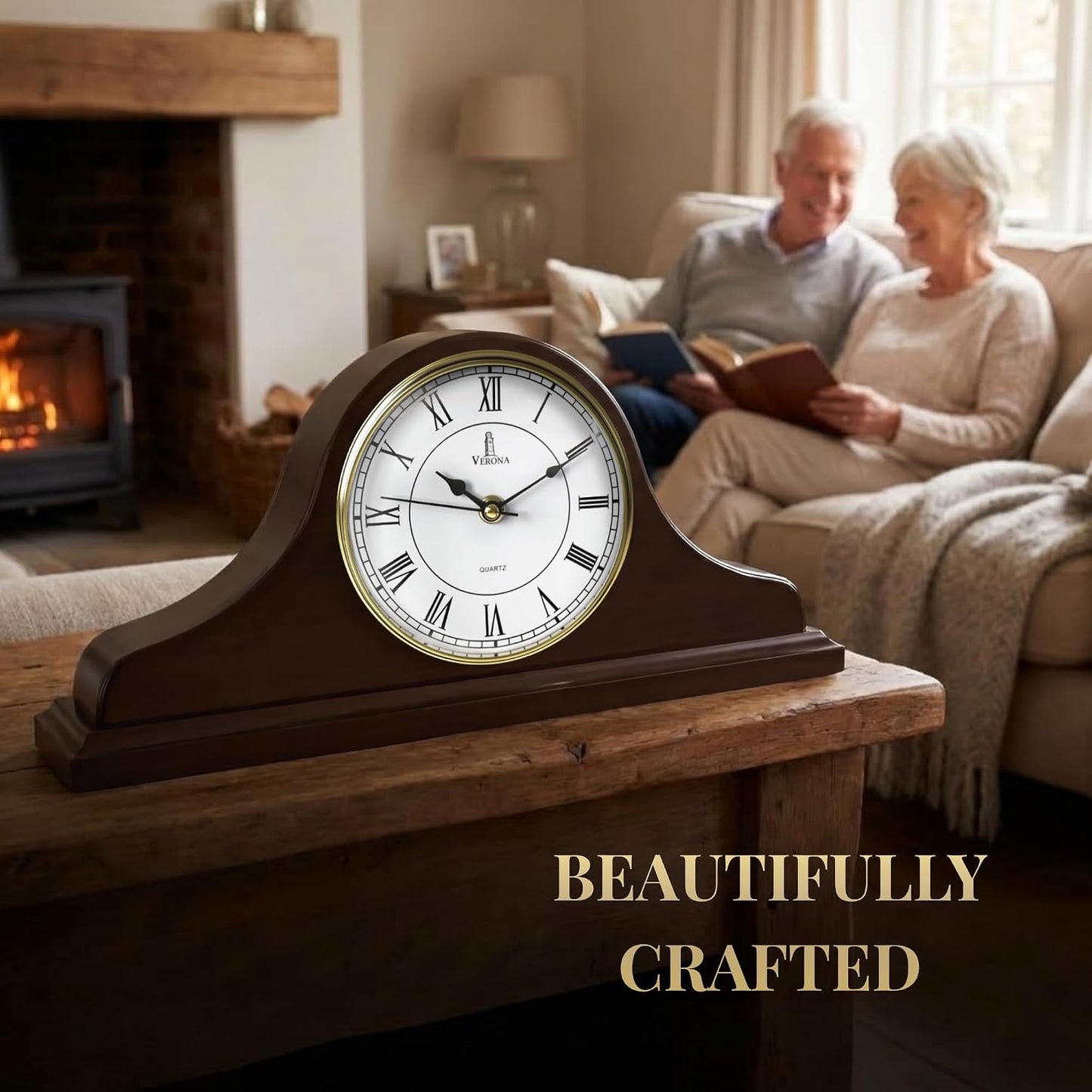 Mantel Clock for Fireplace, Solid Wood Silent Non-Chiming Mantle Clock | Battery Operated Wooden Clock 15x7.5, Easy to