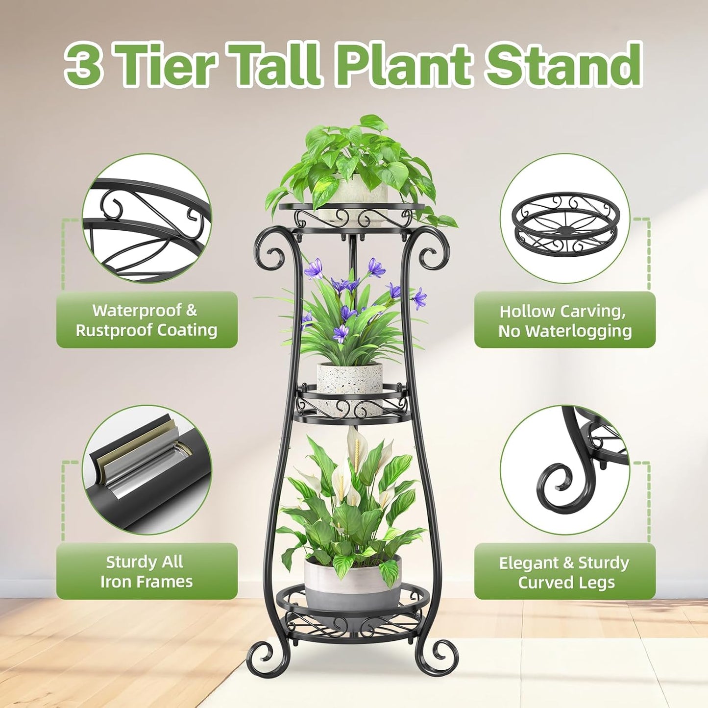 iDavosic.ly 3 Tier Tall Metal Plant Stand Outdoor Indoor, 34 Inch, Black | Corner Flower Pot Holder Shelf, Wrought Iron