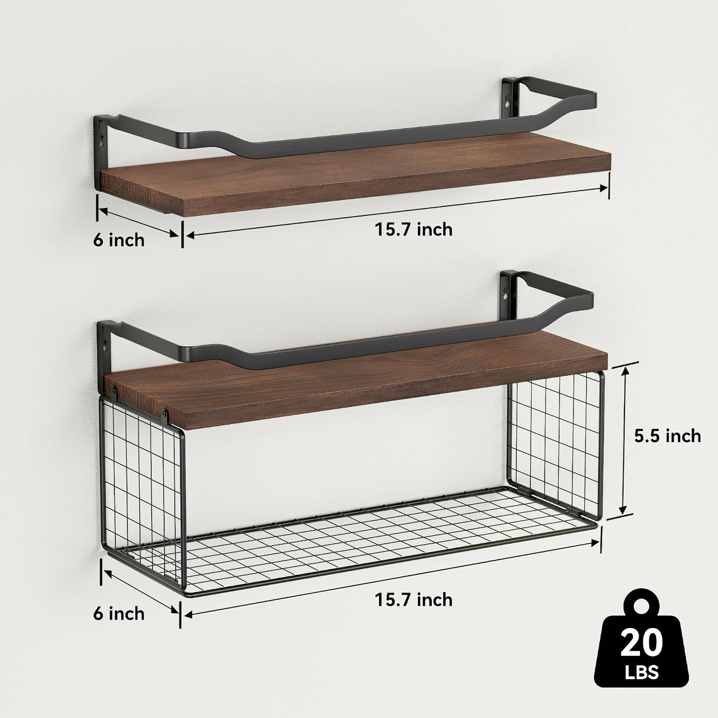 Floating Shelves with Wire Storage Basket, Bathroom Shelves Over Toilet with Protective Metal Guardrail, Wood Wall