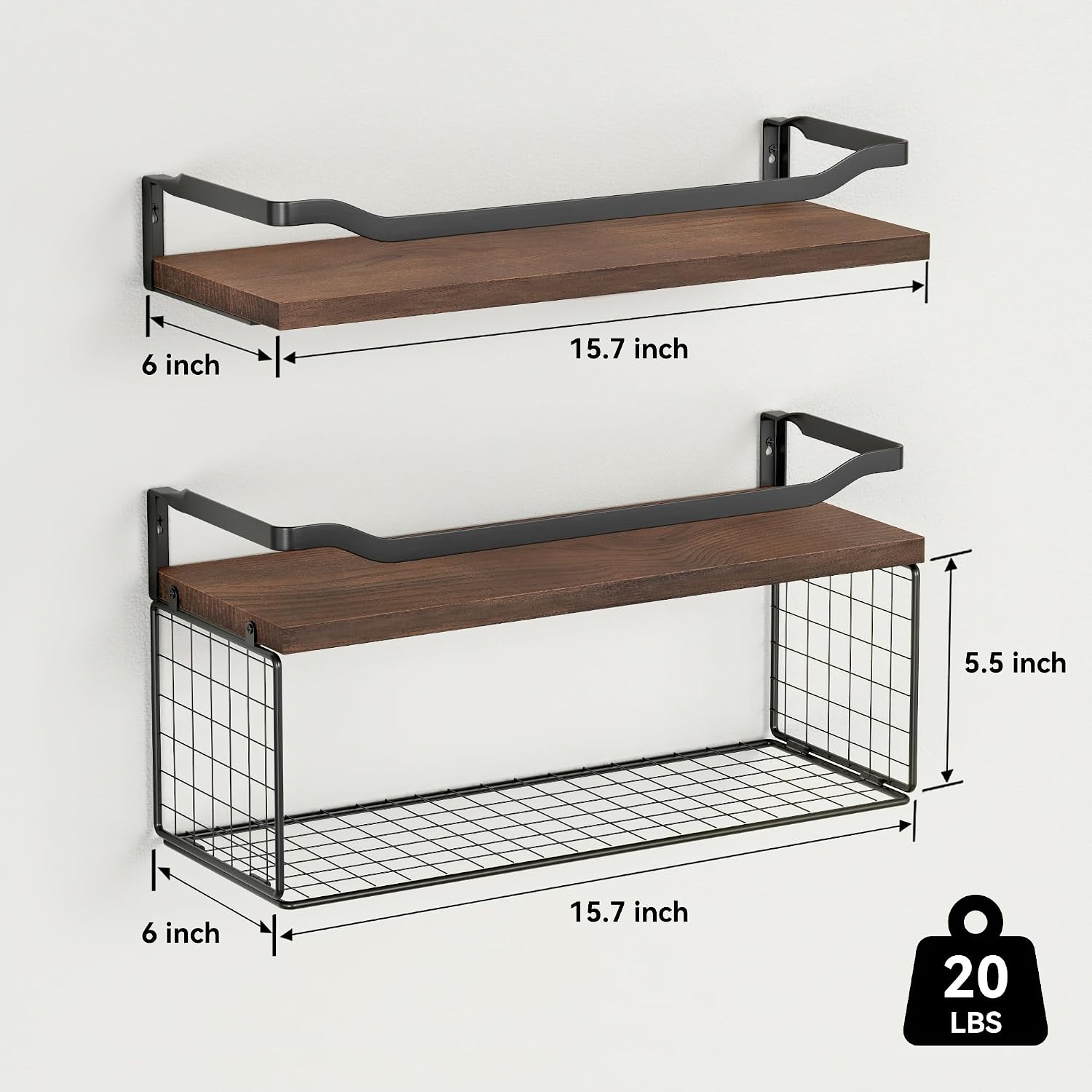 Floating Shelves with Wire Storage Basket, Bathroom Shelves Over Toilet with Protective Metal Guardrail, Wood Wall