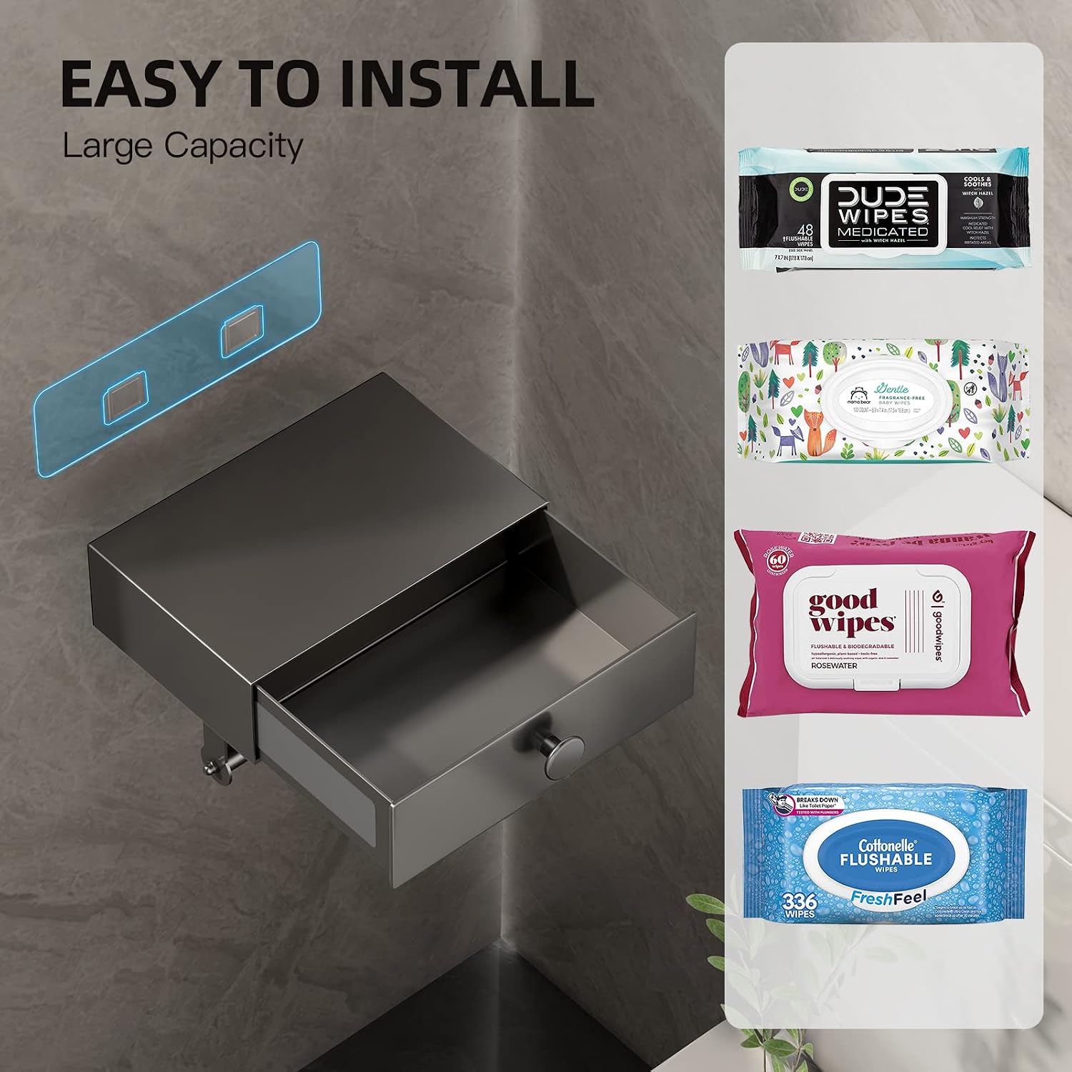VOLDRA Toilet Paper Holder with Shelf Gray Wipes Dispenser for Bathroom Toilet Paper Holder with Storage Upgrade Drawer