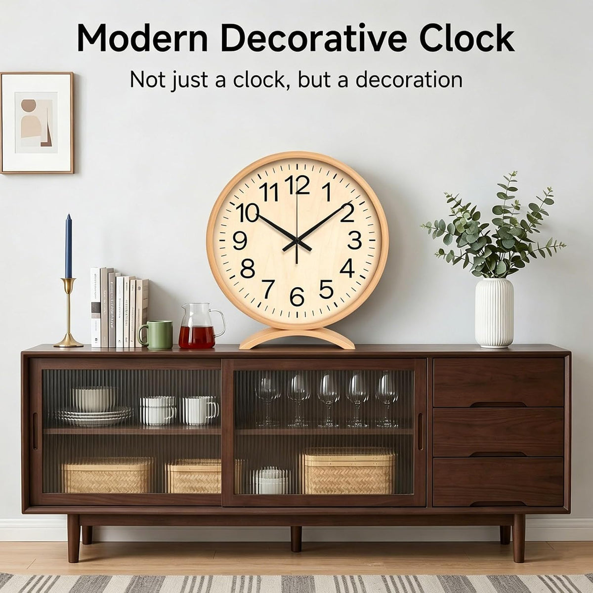 Maxspace Table Clock-8 Inch Silent Non-Ticking Wooden Timepiece Desk Clock, Battery Operated Decor Round Clock for