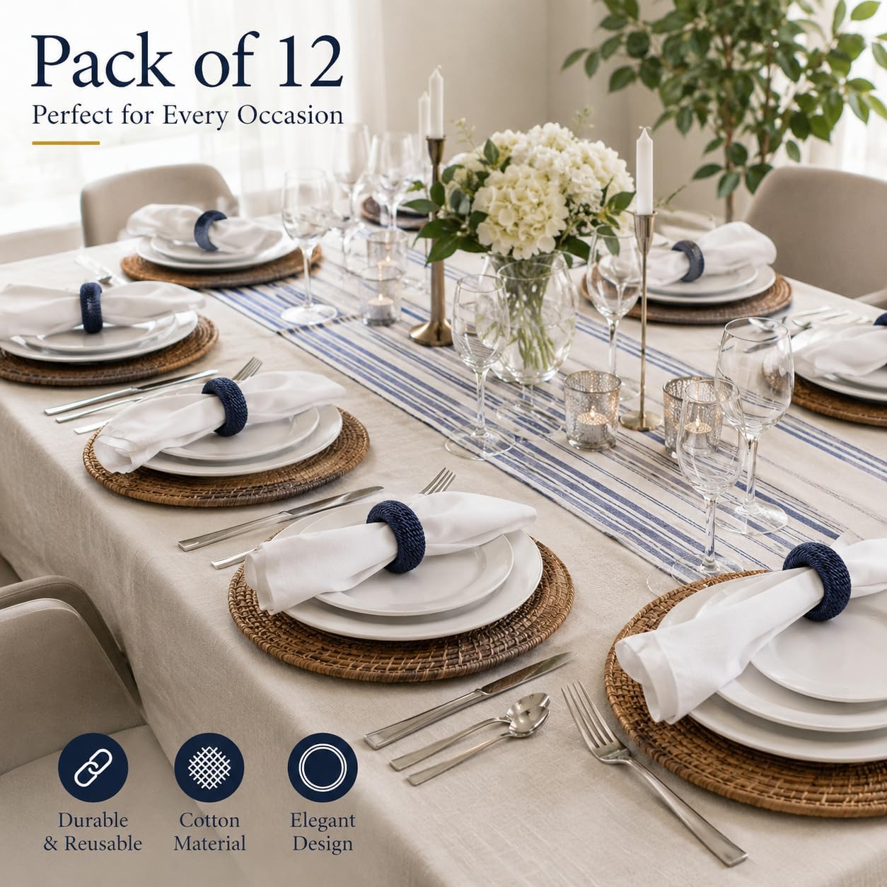 Alpha Living Home Woven Napkin Rings, Dark Blue, Set of 12 | Yarn-wrapped woven design, sturdy inner structure, fits