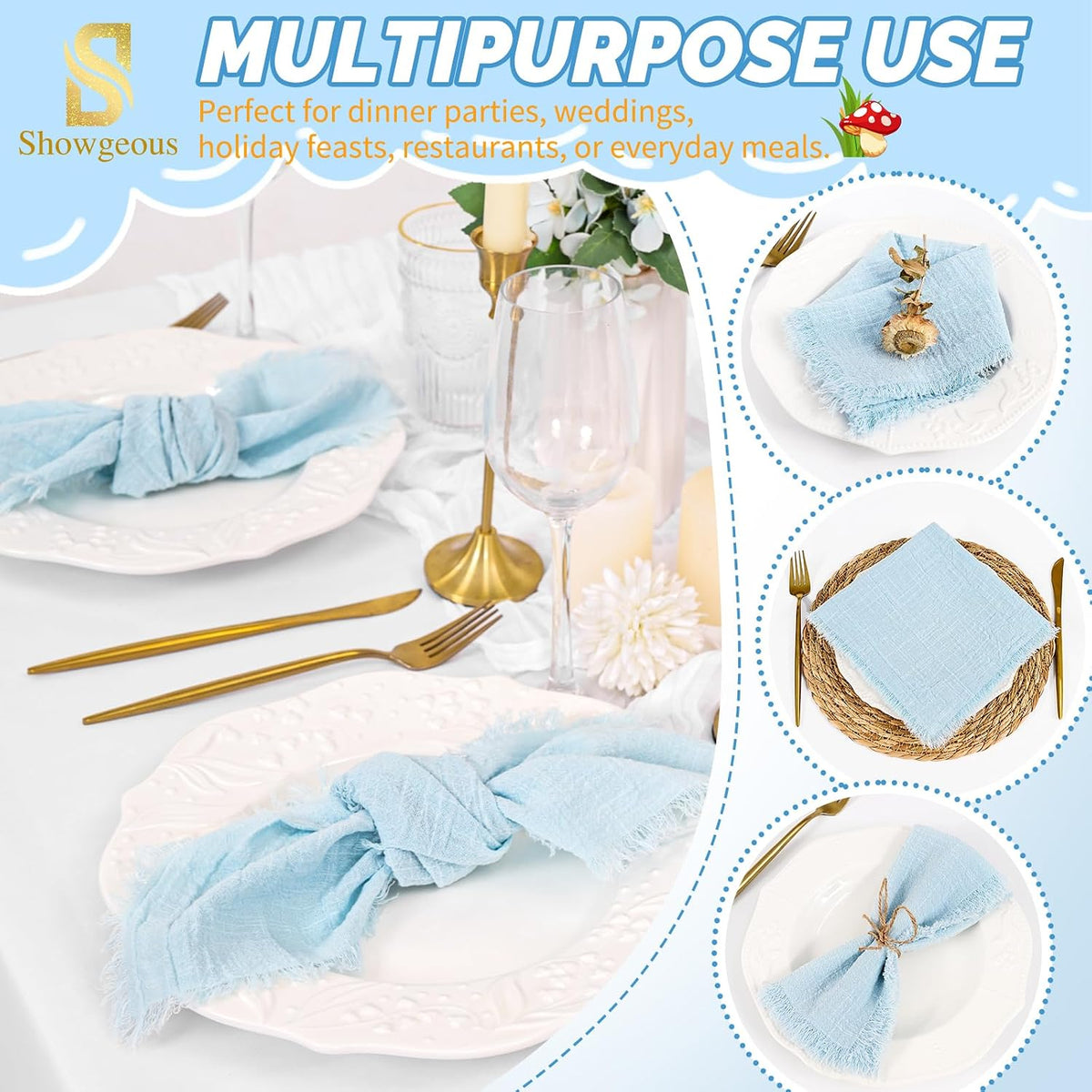 Showgeous 30 Pack Light Blue Cloth Napkins with Fringe, 16x16 inch | 100% Cotton Blue Napkins Handmade Dinner Napkins
