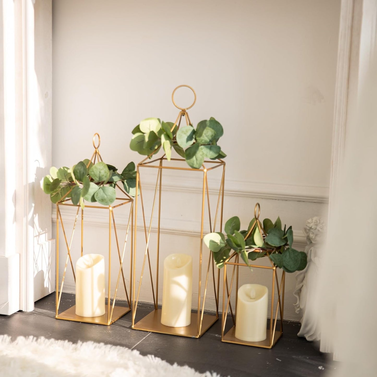 HPC Decor Tall Metal Lantern Decor Set of 3-24" 19" 13" Elegant Decorative Lanterns with Garlands-Modern Gold Candle