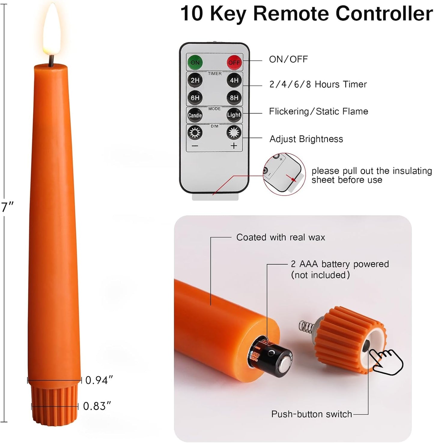 Short Burnt Orange Fall LED Taper Candles with Remote Set of 6 | Flickering Halloween LED Candlesticks, Real Wax