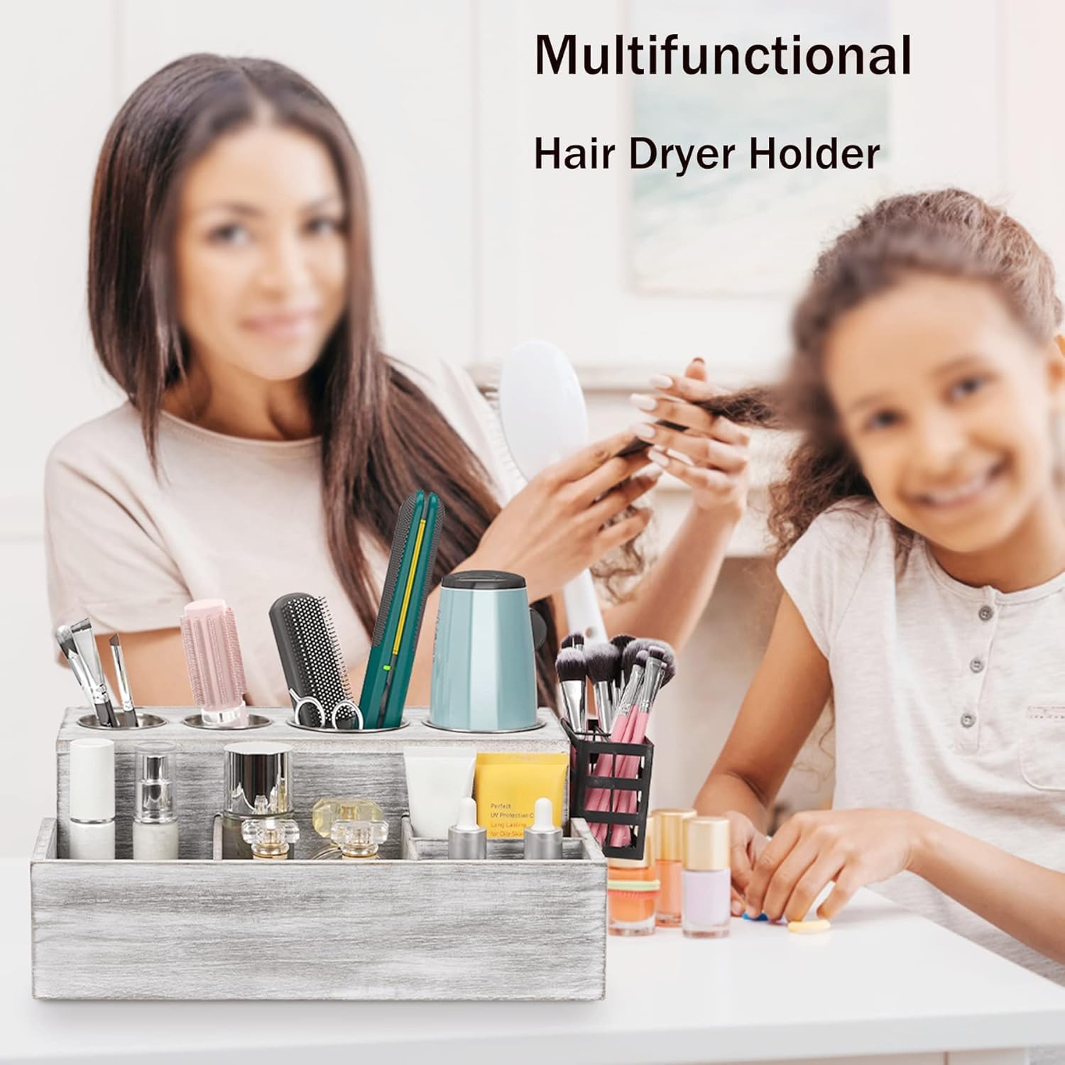 Hair Tool Organizer, Wooden Hair Dryer Holder and Bathroom Countertop Blow Dryer Holder, Vanity Caddy Storage Stand for