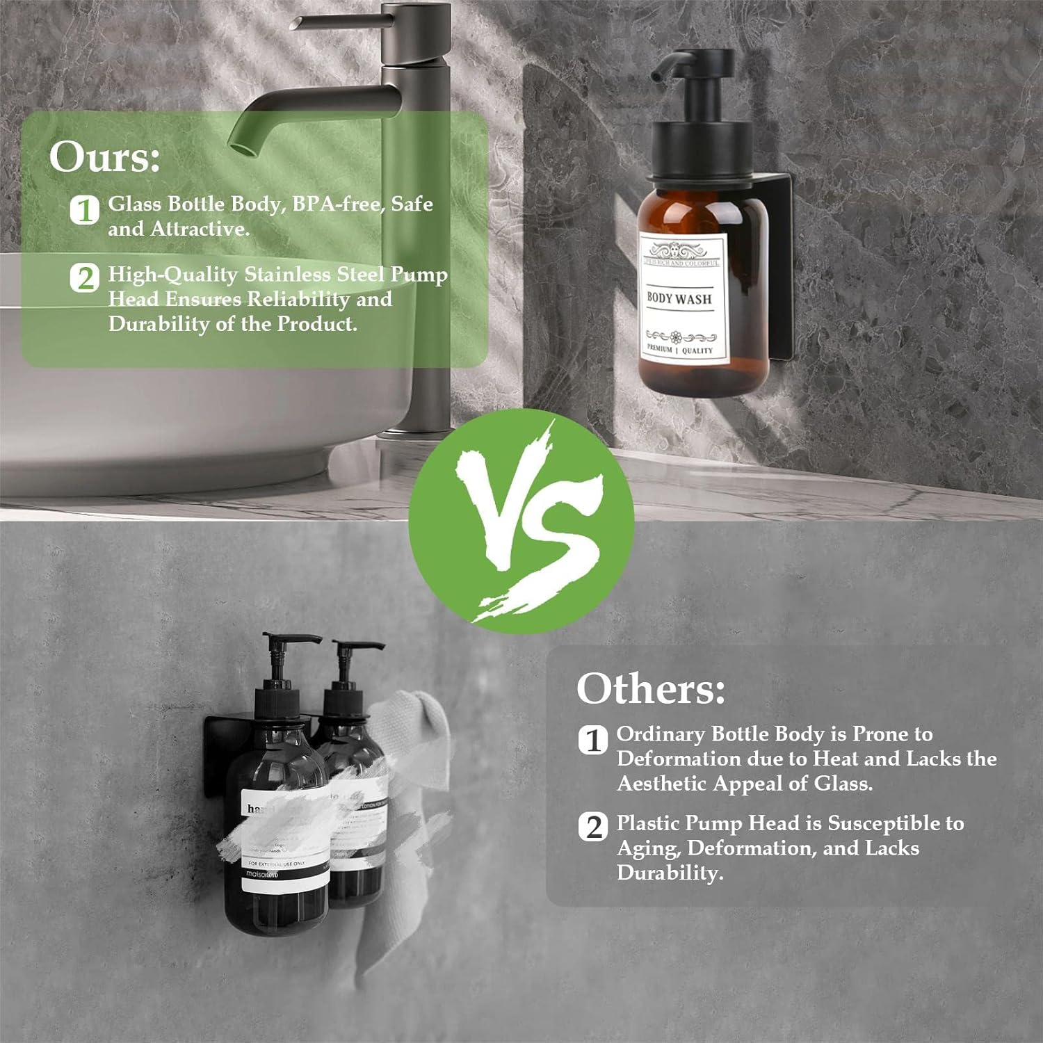 Glass Soap Dispenser with Pump and Wall Mount Holder,8.5 Oz Shampoo and Conditioner Dispenser with Waterproof