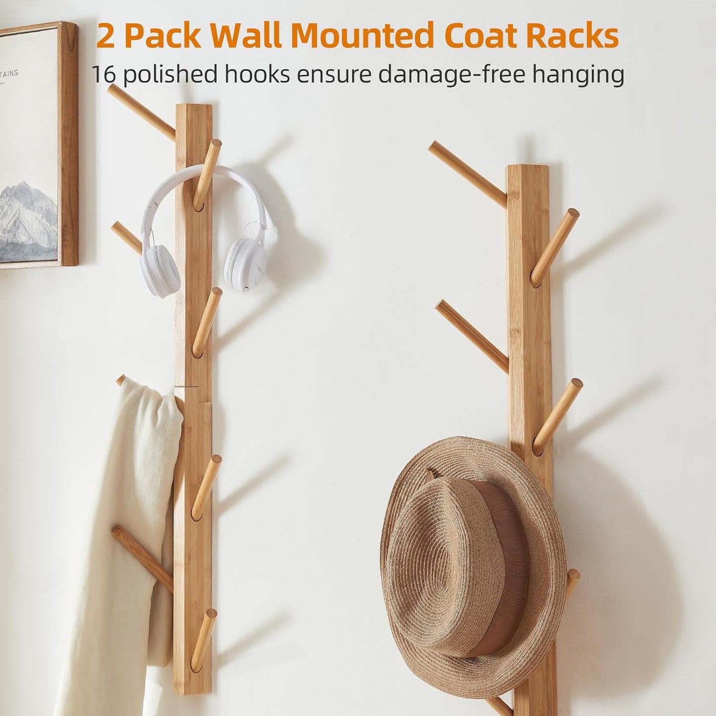 2-Pack Vertical Wall Mount Coat Rack for Clothes and Hats, Natural | Bamboo construction, 16 polished hooks, max 50 lbs