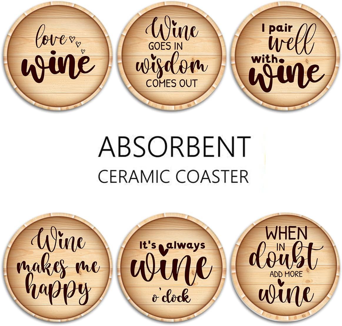 Wine Stamp Wooden Bottle Absorbent Round Ceramic Stone Mat / Retro 8 / Set of 6