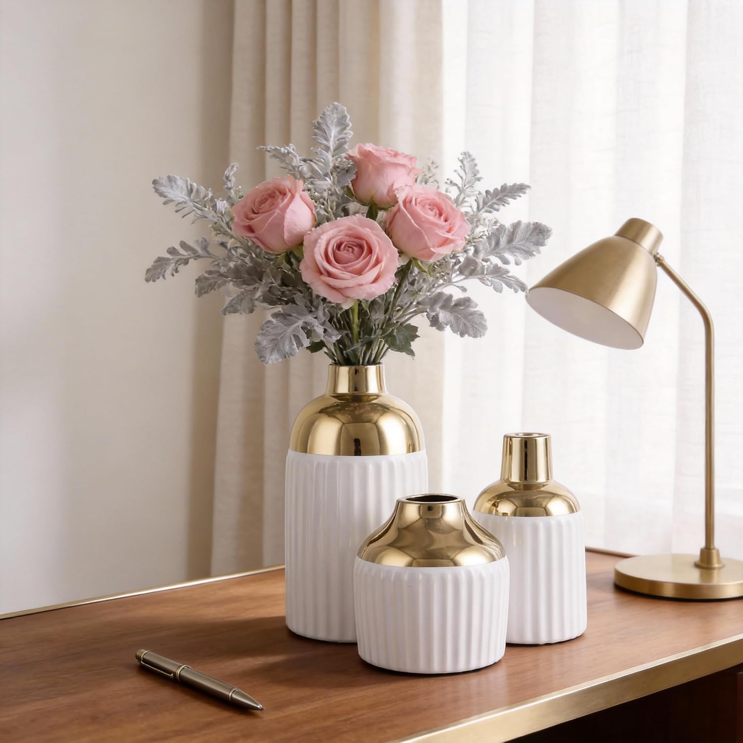 Gold Ceramic Vase 3-Piece Set / Wg / White