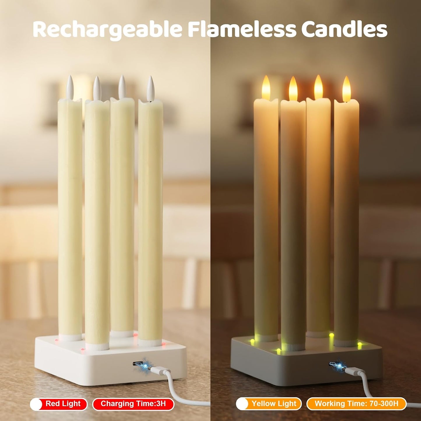Flameless Taper Candles with Remote, Rechargeable LED Candles | Real Wax Battery Operated Candlesticks, with Charging