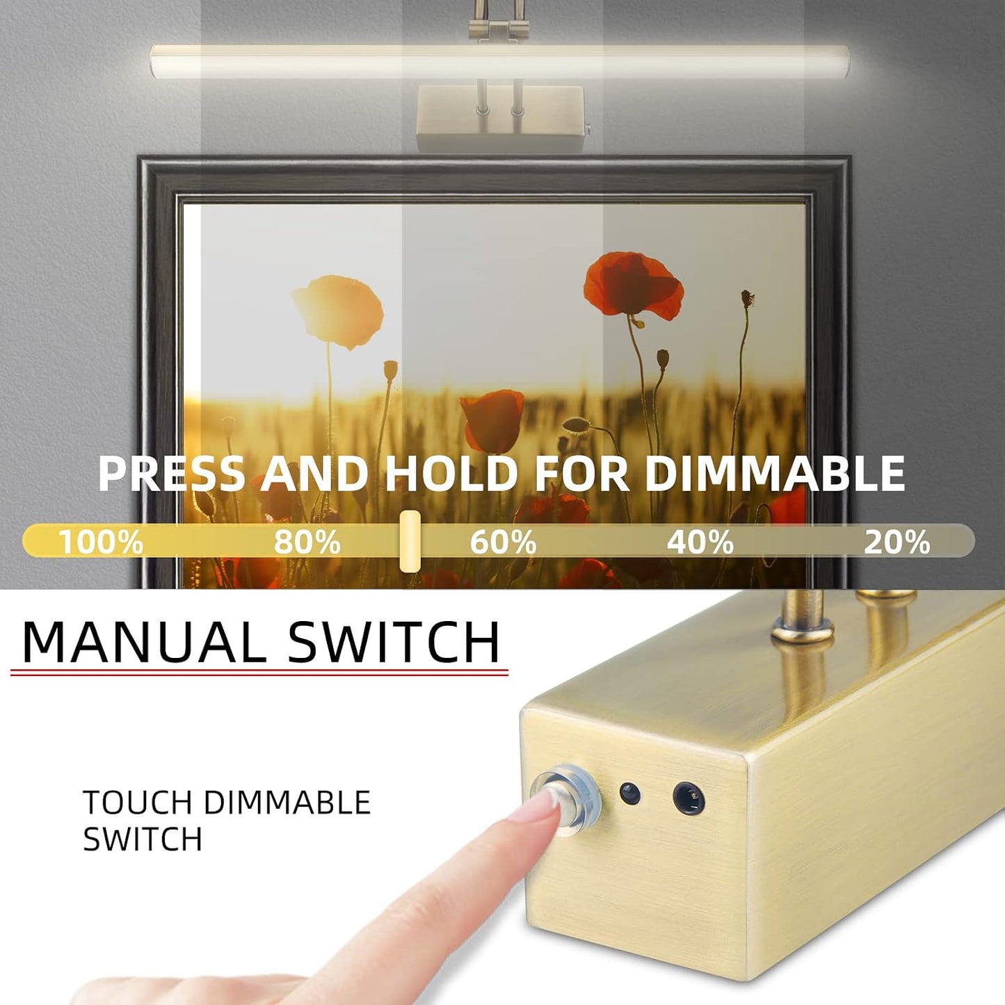 Picture Light,5000mAh Wireless Wall Light,20" Art Light,,Antique Brass | Rechargeable Photo Lights,Remote Timer and