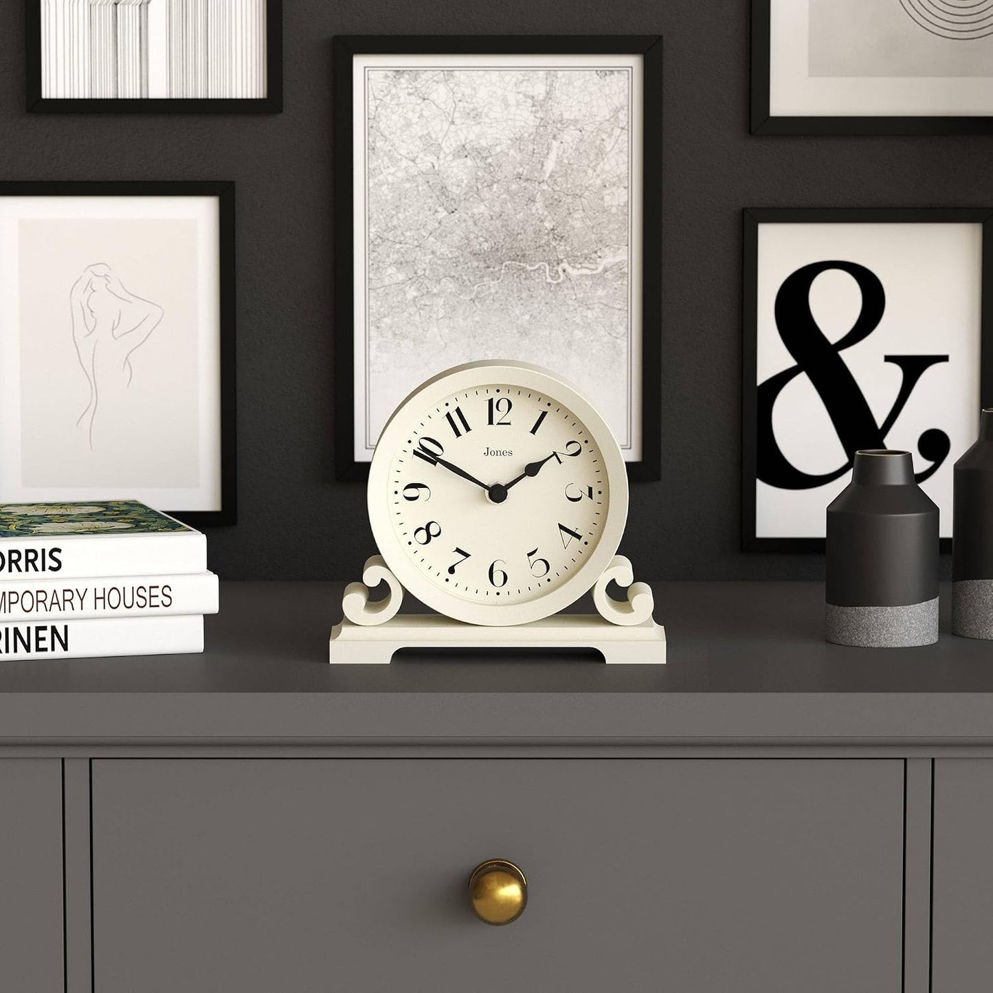 JONES CLOCKS® Saloon Mantel Clock | Small Traditional Double Scroll Design | Pale Cream | Contemporary Classic Style