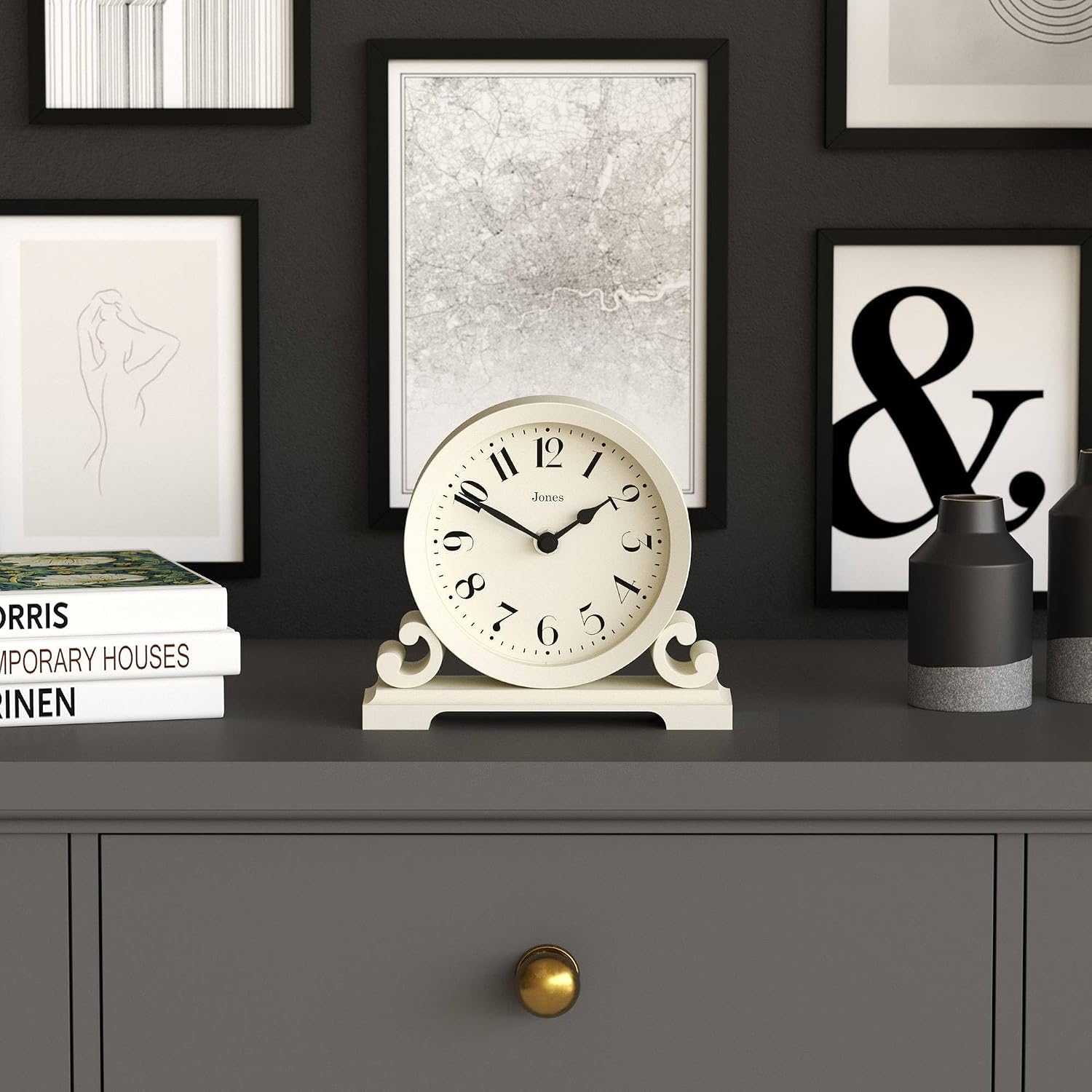 JONES CLOCKS® Saloon Mantel Clock | Small Traditional Double Scroll Design | Pale Cream | Contemporary Classic Style