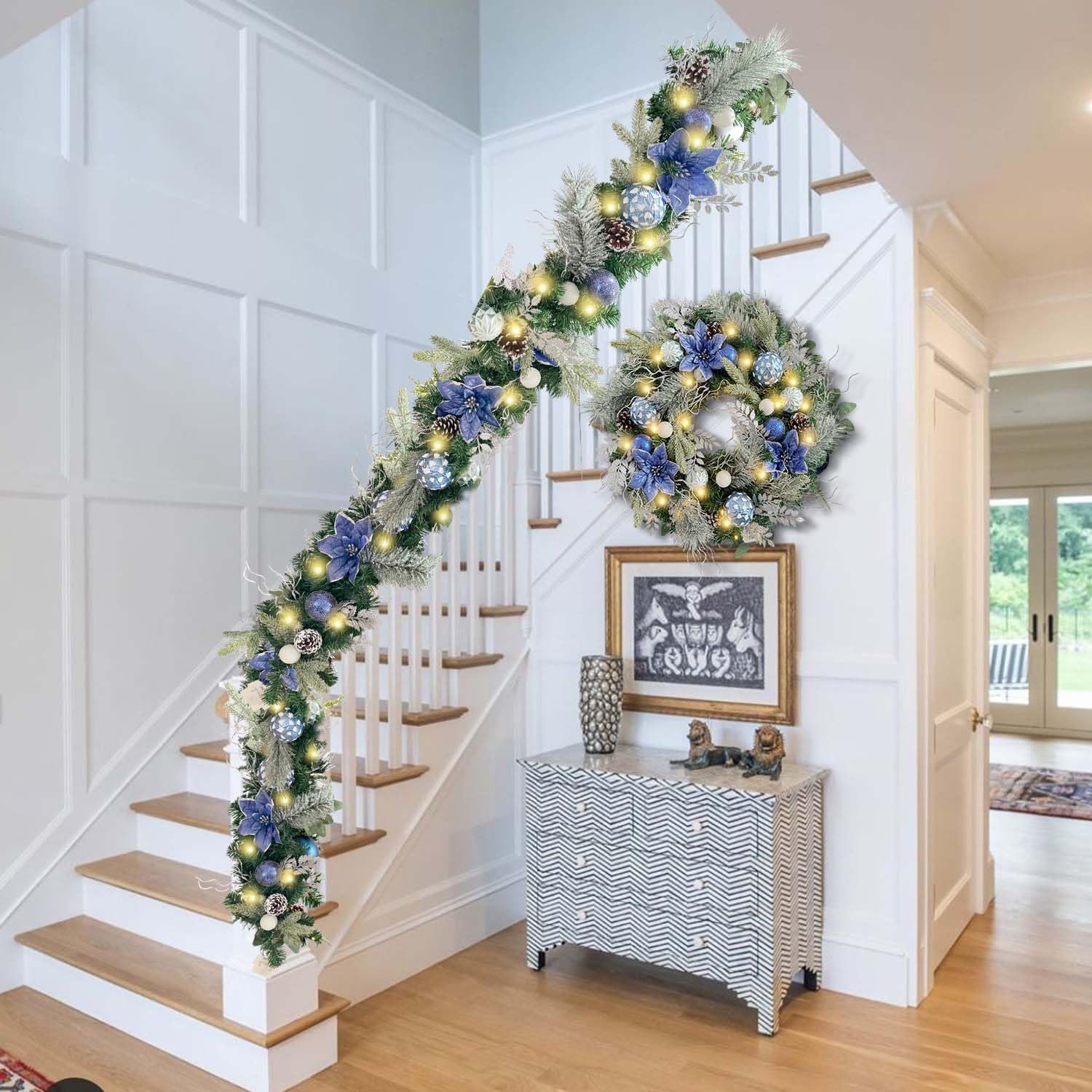 WANNA-CUL Pre-Lit 6ft Silver Blue Christmas Garland with 30 LED Lights | Frozen Winter Xmas Lighted Garland for Mantel