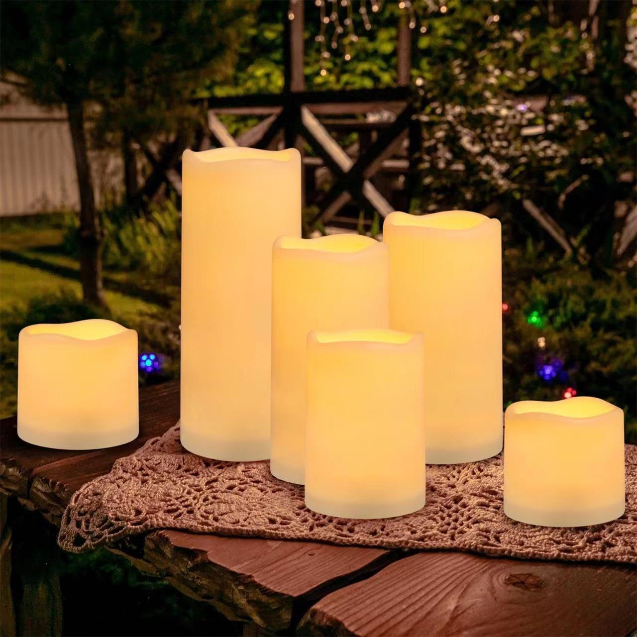 Flameless Battery Operated Outdoor Waterproof Set of 12(D: 3" x H: 3" 4" 5" 6") Pillar LED Candles with 10-Key Remote