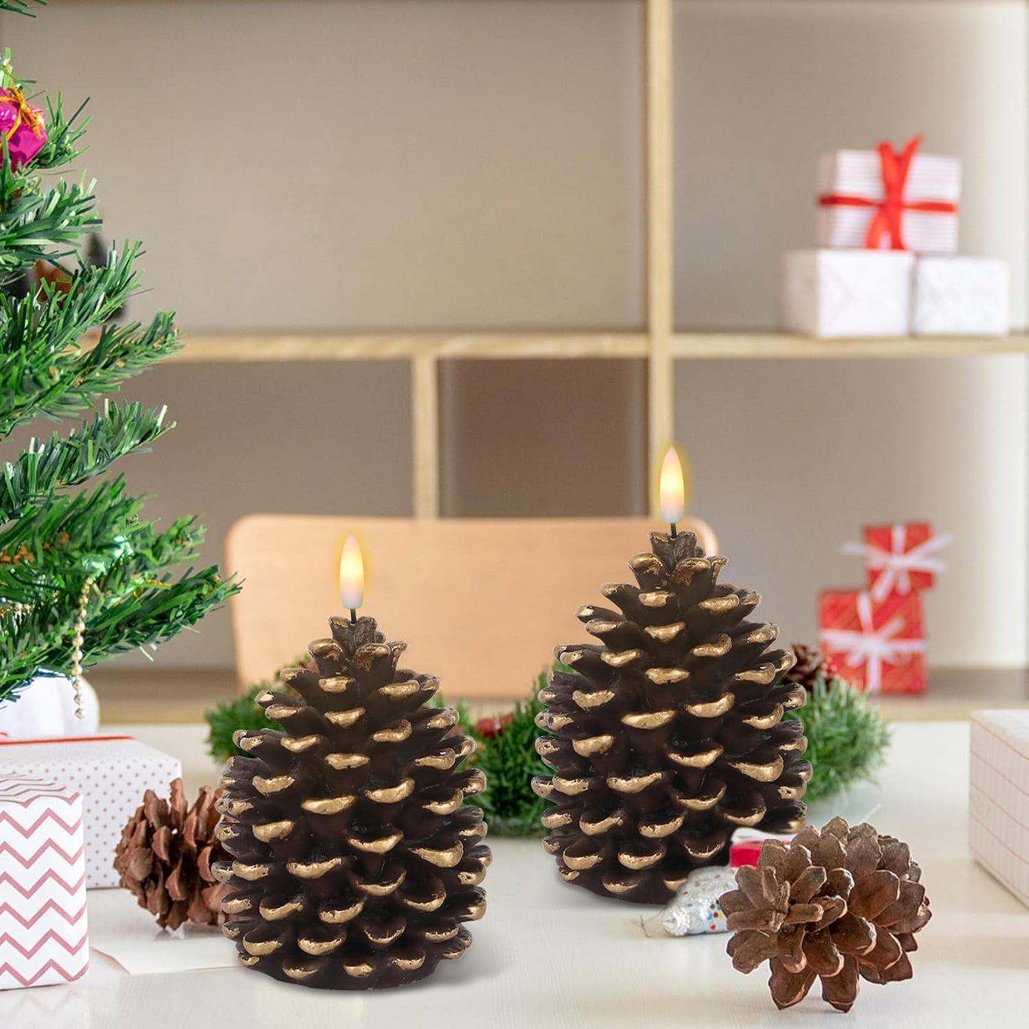 Wondise Flameless Candles with Timer, Battery Operated Flickering 3D Wick Real Wax Pine Cone Candles for Christmas