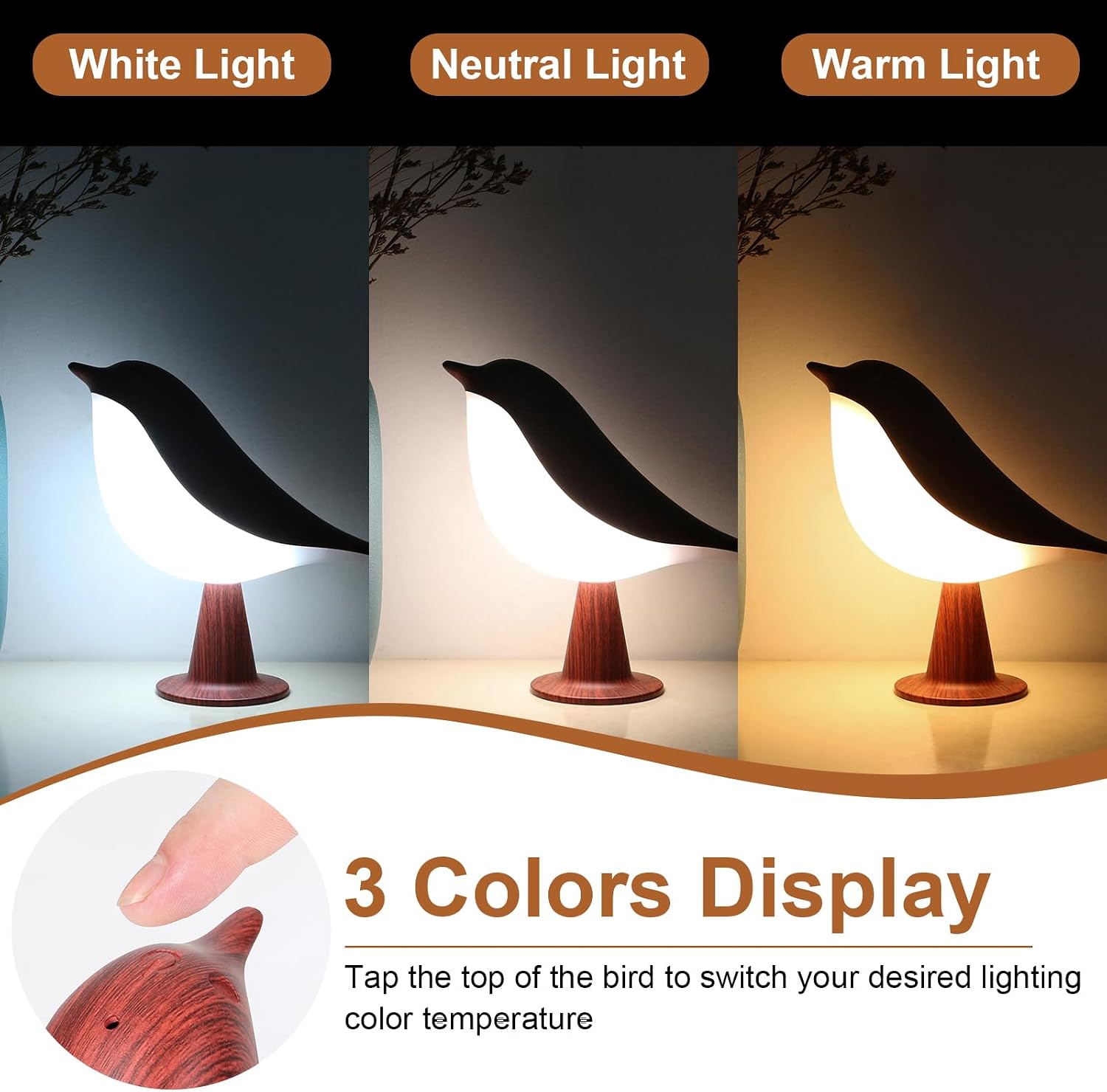 VoMii Bird Desk Lamp Set of 2, Small Table Lamp Cordless Touch Dimmable Night Light with 3 Color Temperature