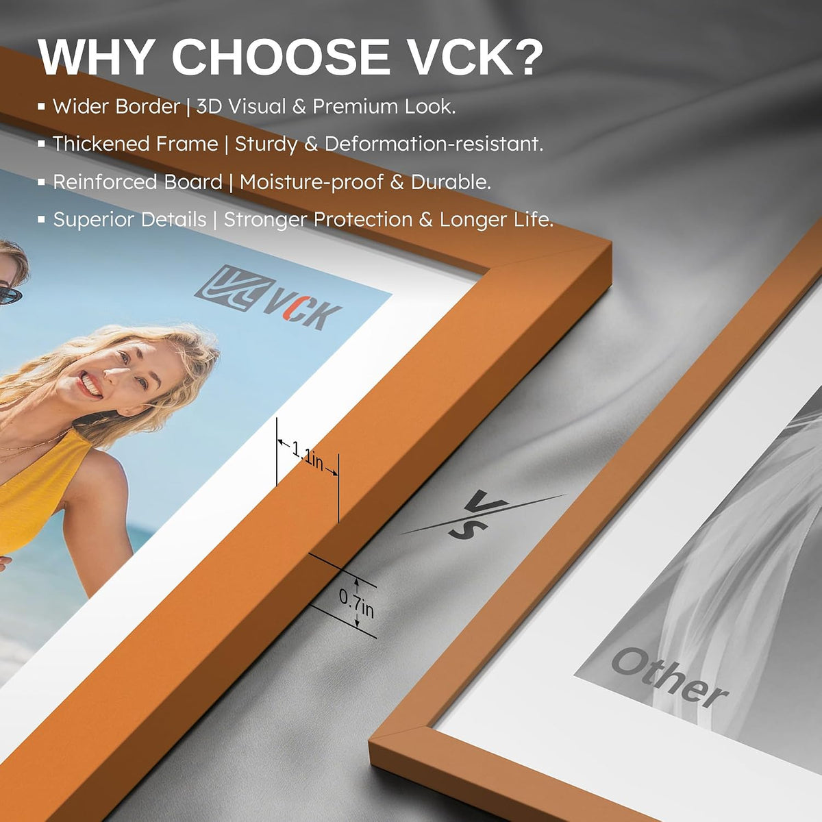 VCK 8x10 Picture Frame Set of 3 - Orange, Wide Border Solid Wood Frame, Display Pictures in Horizontal and Vertical
