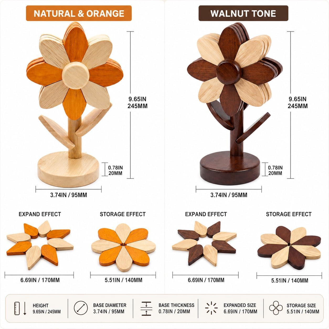 5-Piece Wooden Flower Trivets for Hot Pots and Pans / Walnut & Beech Wood