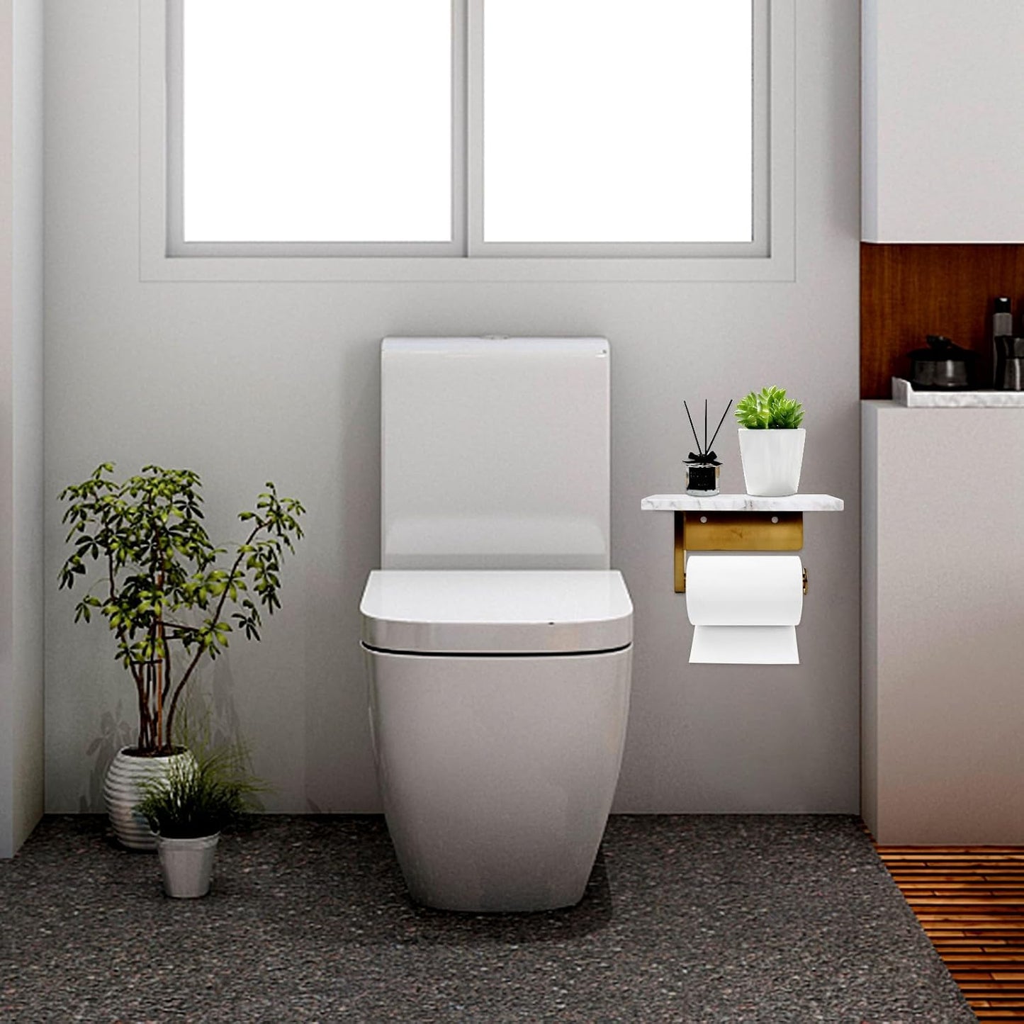 Toilet Paper Holder with Natural Marble Shelf for Bathroom Washroom,Wall Mounted Tissue Holder Suitable for Mega Roll
